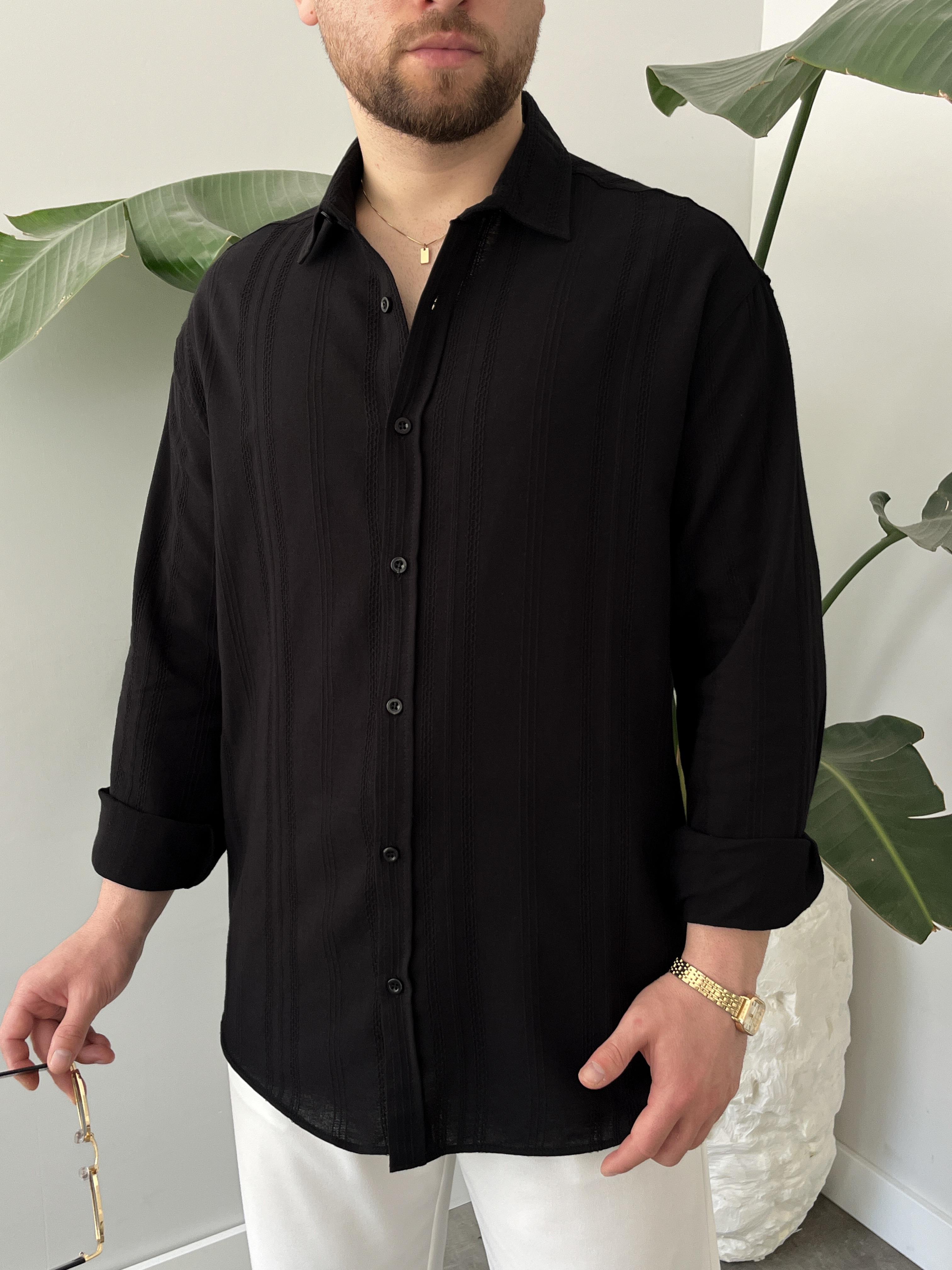 Siyah Zincir Desen Oversize Keten Gömlek