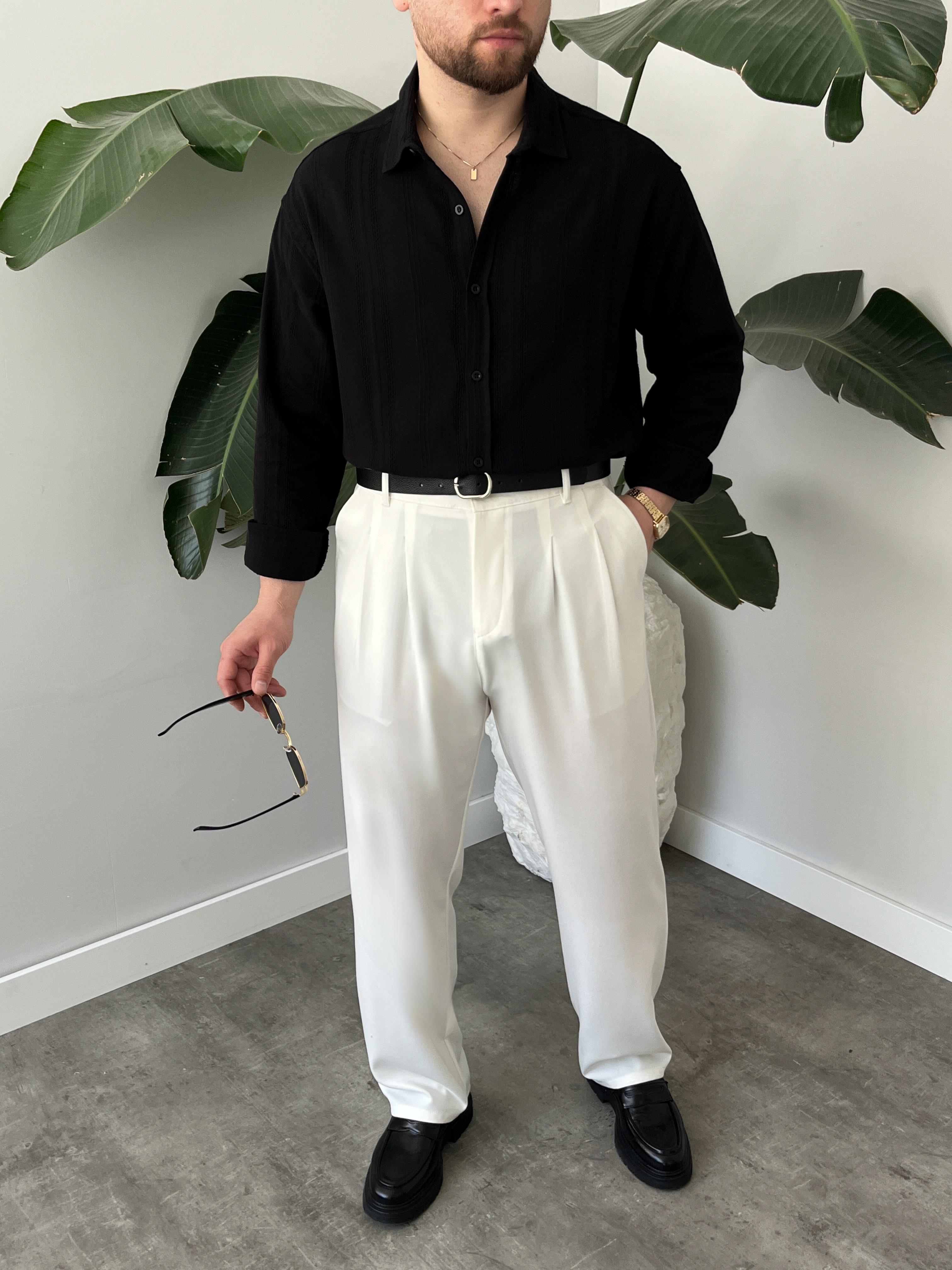 Siyah Zincir Desen Oversize Keten Gömlek