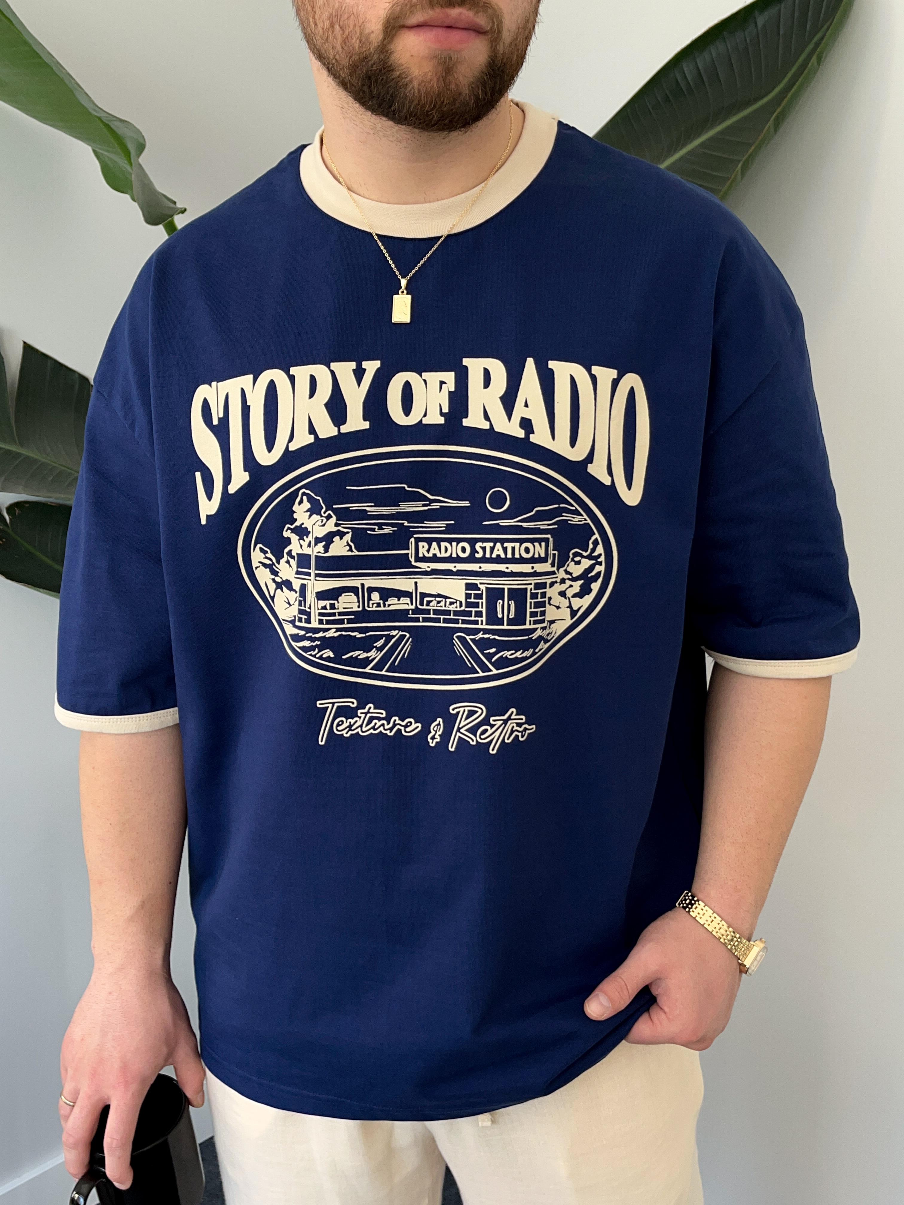 Story Radio Baskılı Lacivert Oversize T-shirt