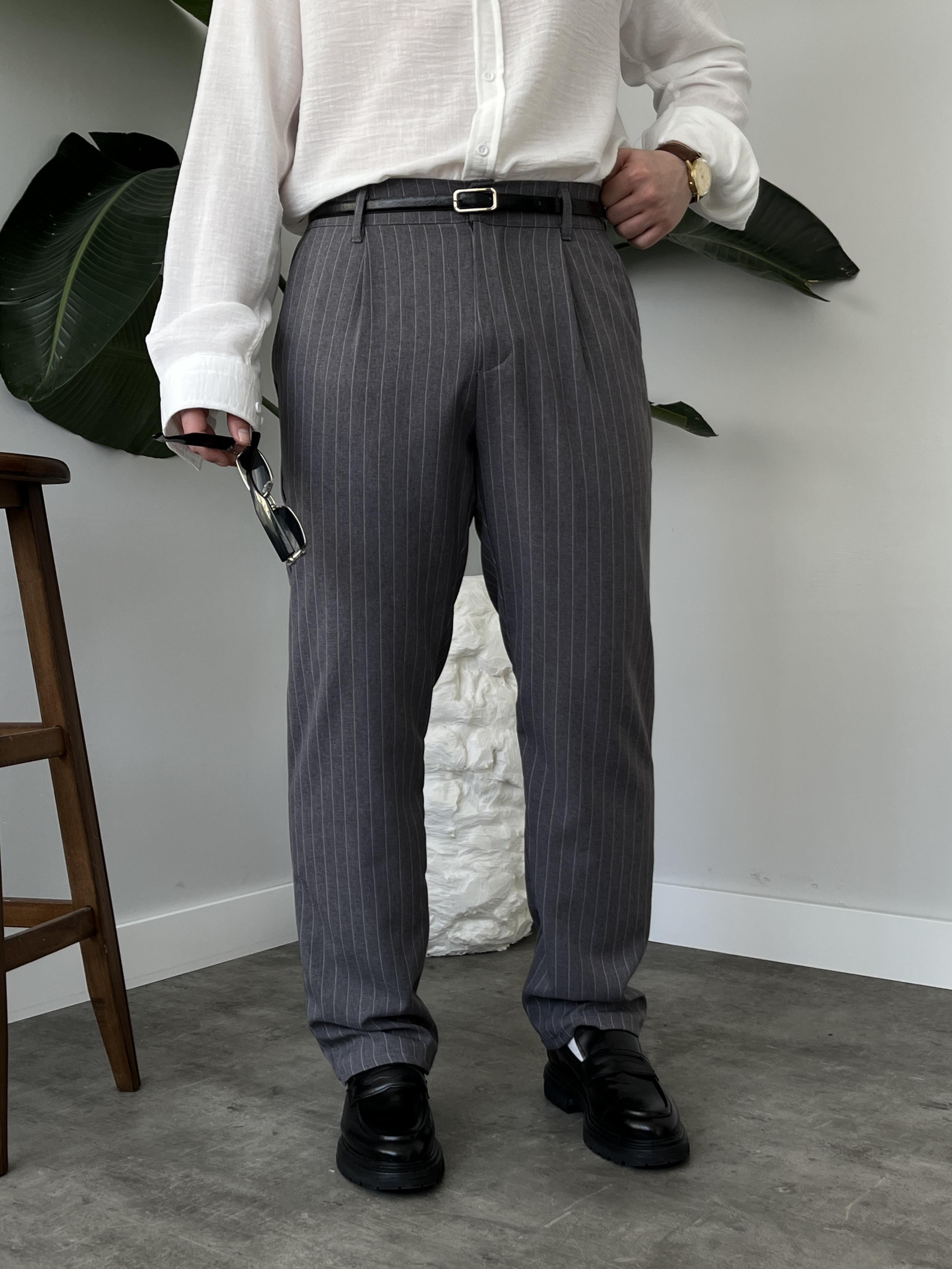 Strado Gri Çizgili Baggy Kumaş Pantolon