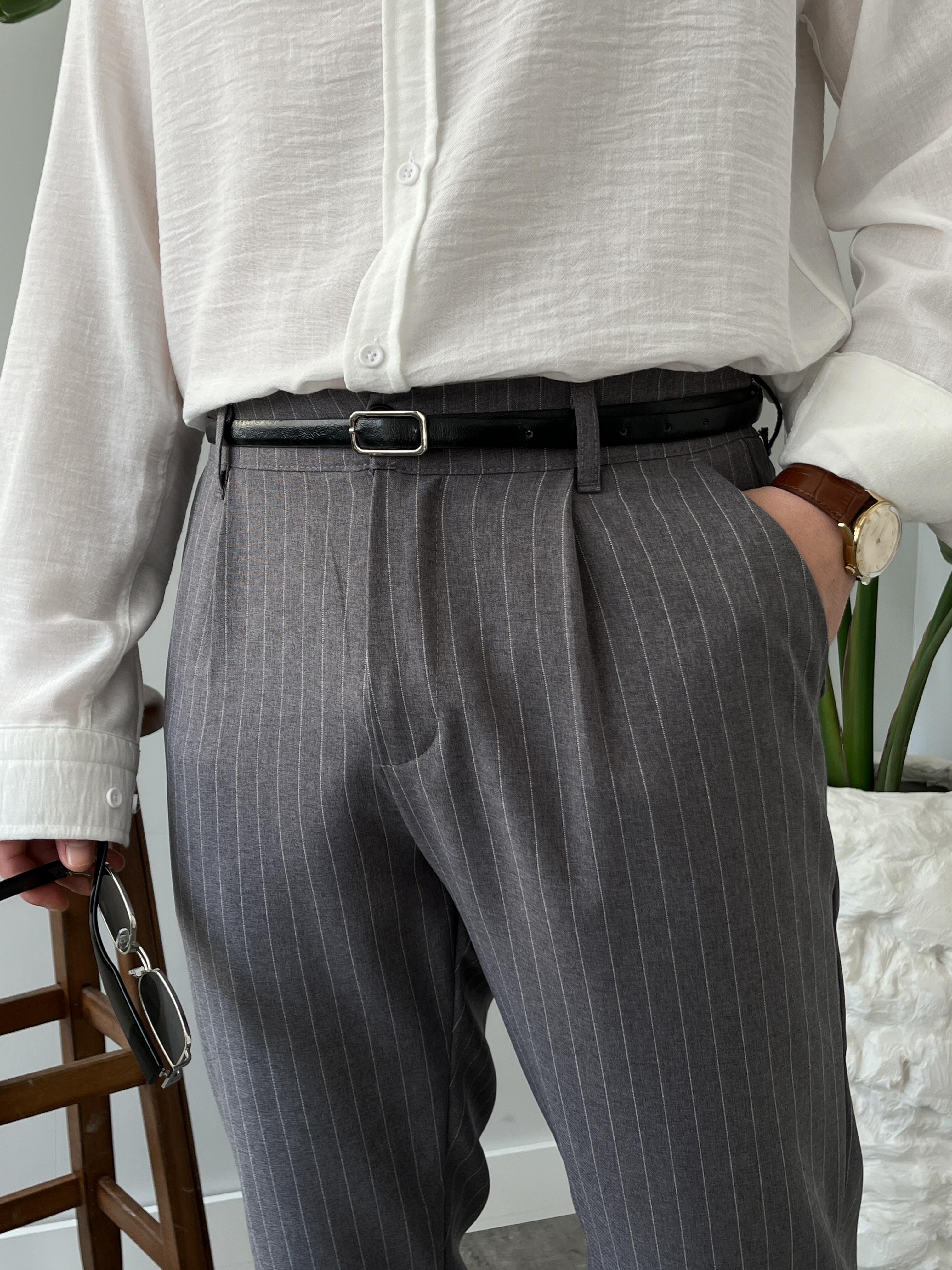 Strado Gri Çizgili Baggy Kumaş Pantolon