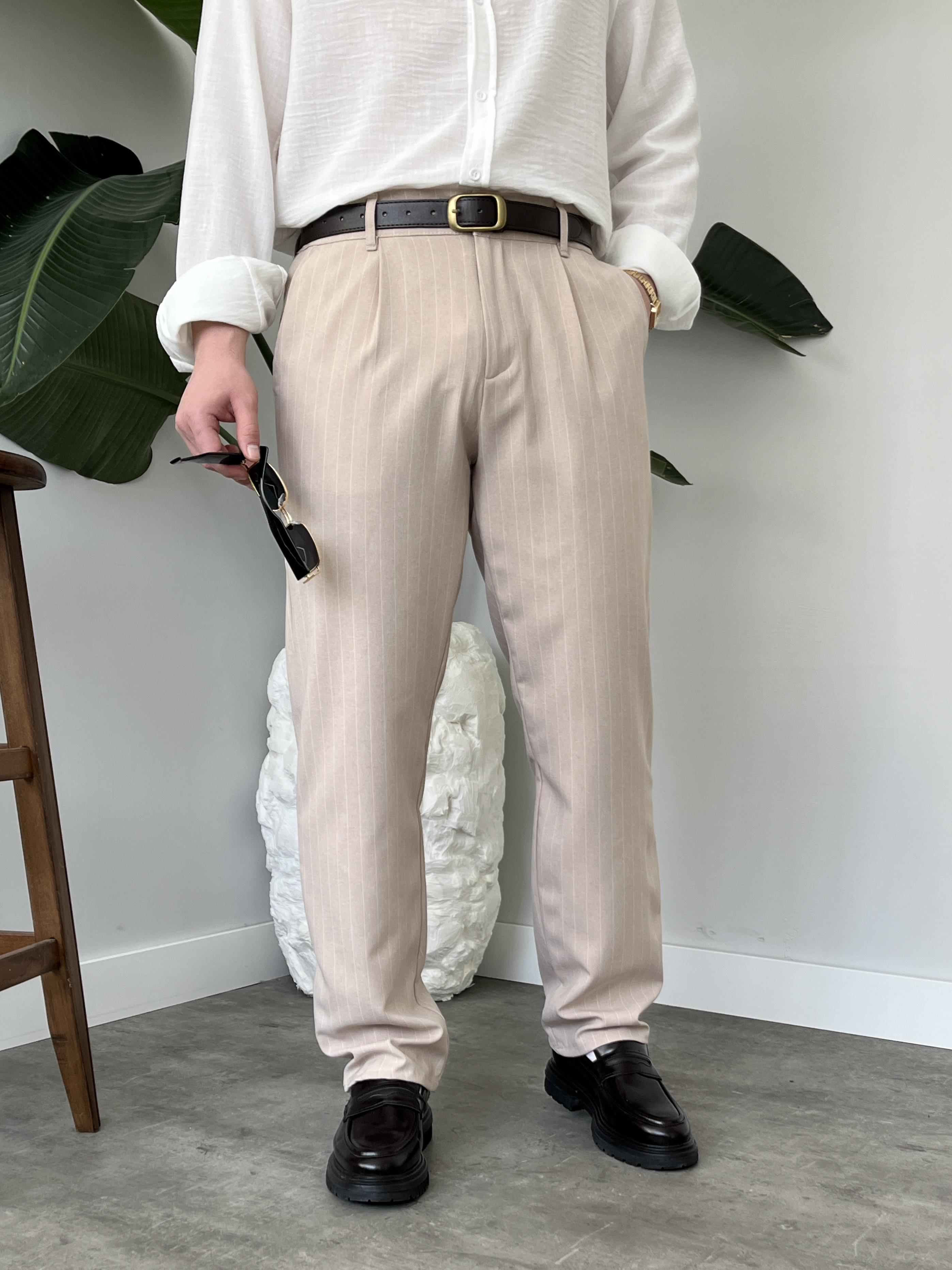 Strado Krem Çizgili Baggy Kumaş Pantolon