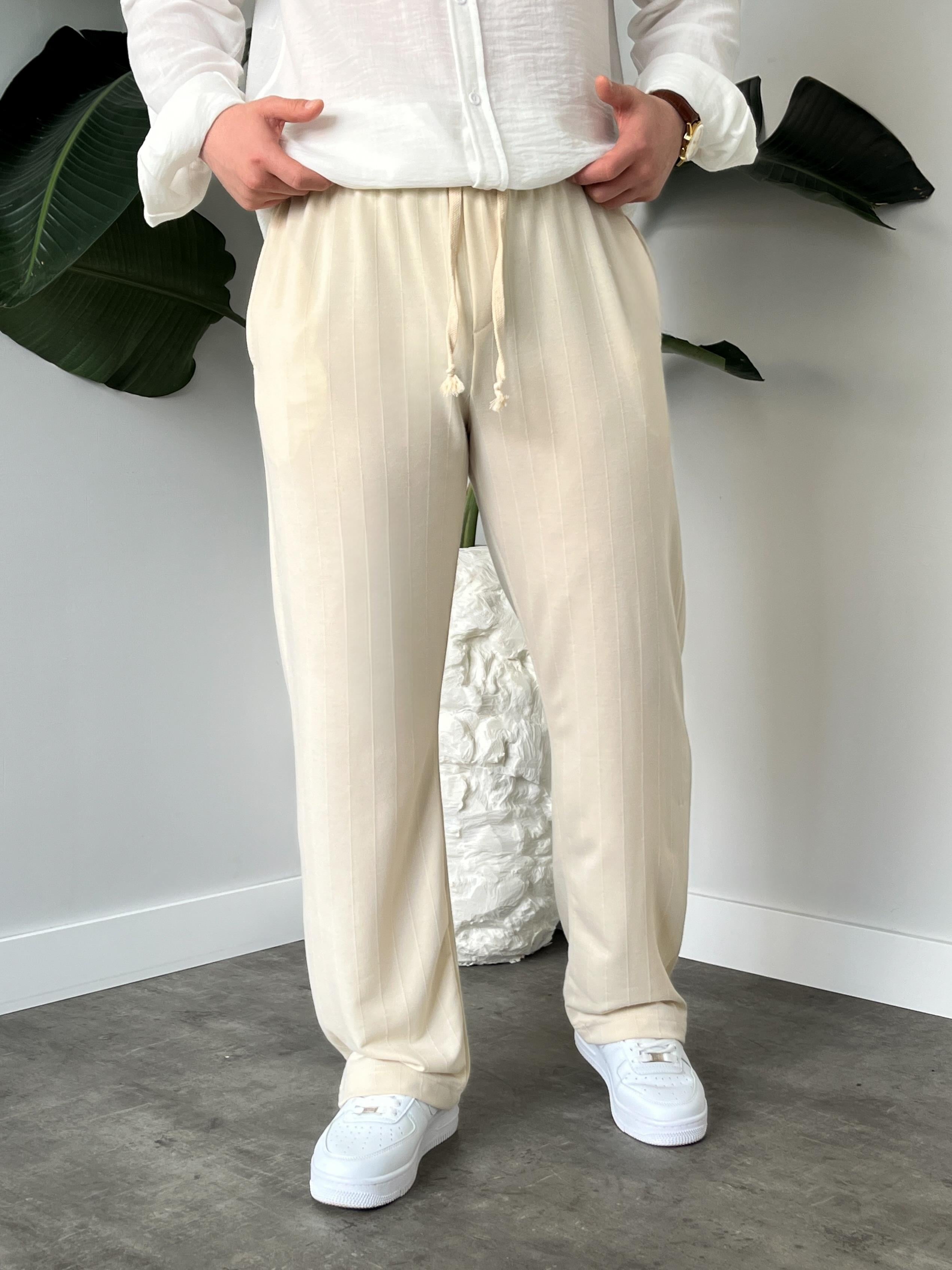 Stride Krem Çizgi Detaylı Baggy Pantolon