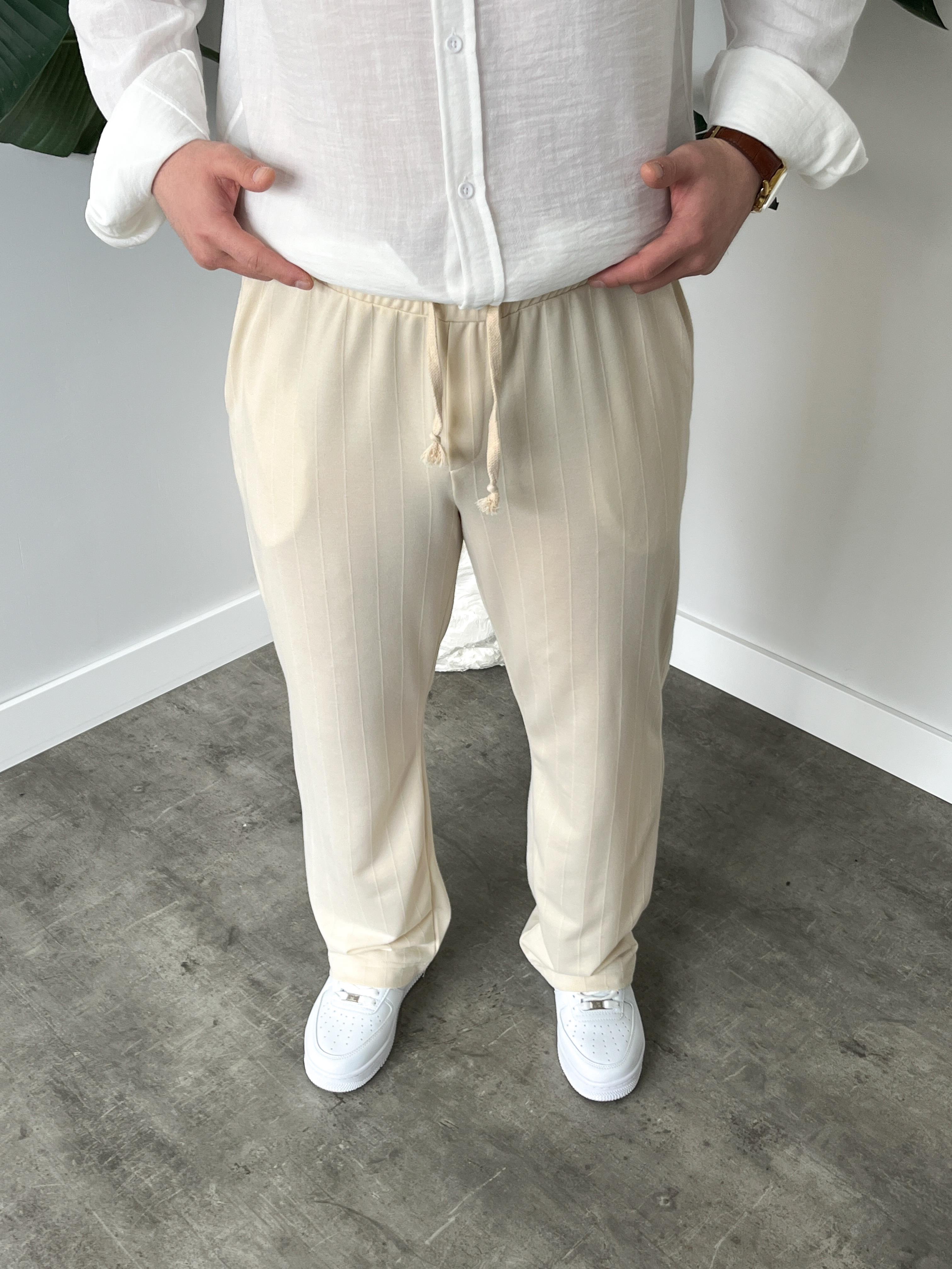 Stride Krem Çizgi Detaylı Baggy Pantolon