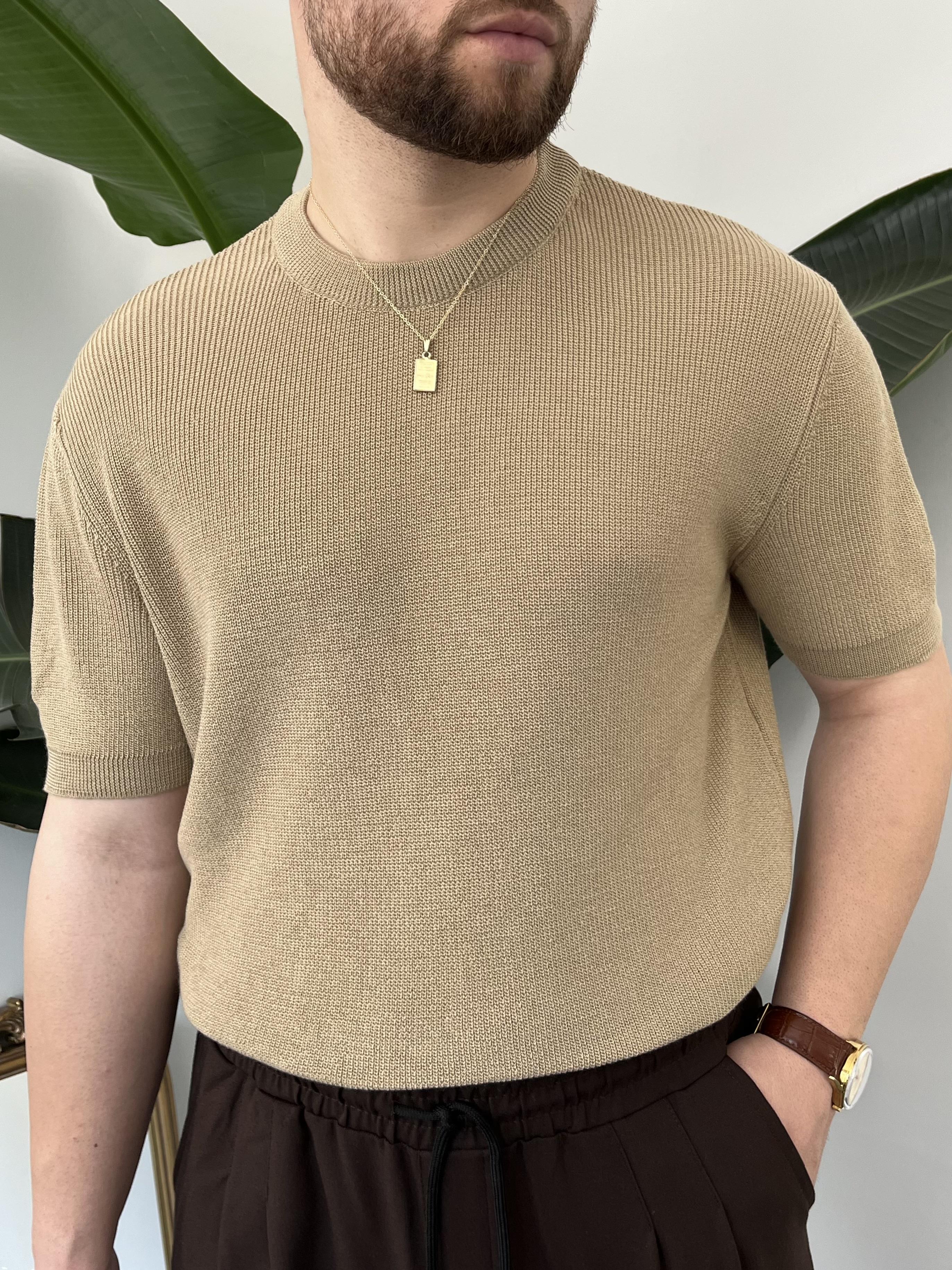 Sütlü Kahve Casual Örme Triko T-shirt
