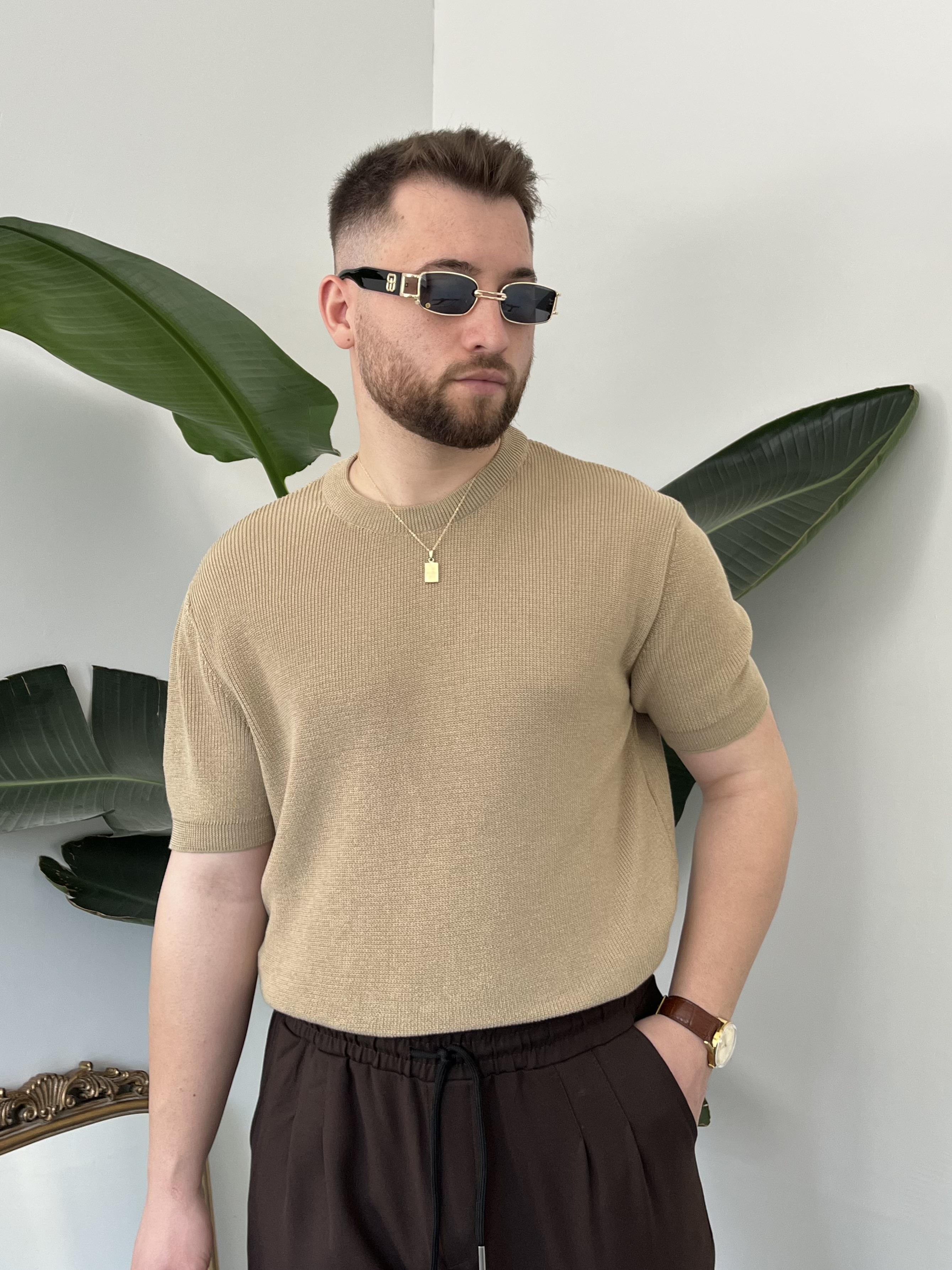 Sütlü Kahve Casual Örme Triko T-shirt