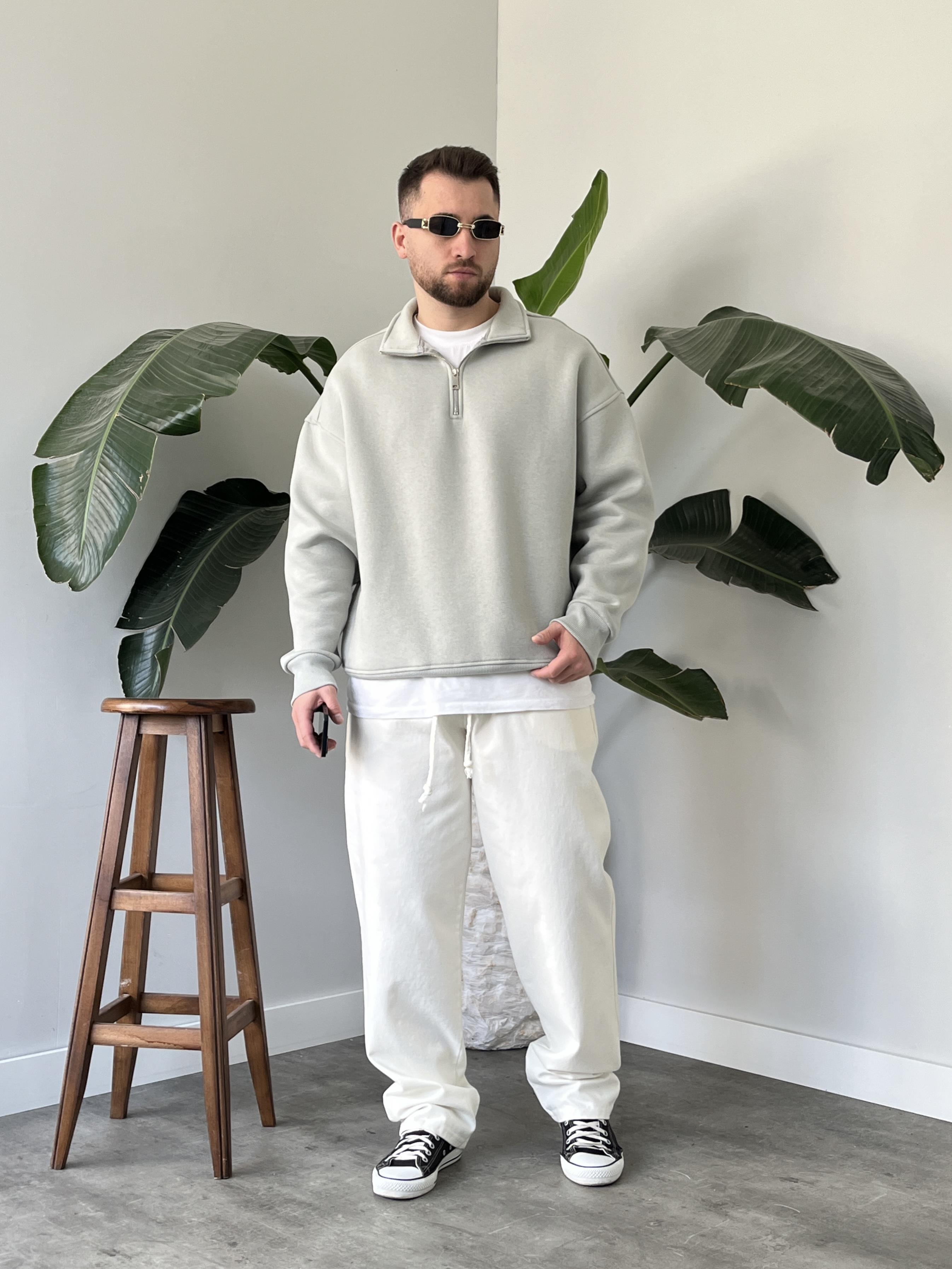 Taş Gri Yarım Fermuar Üç İplik Şardonlu Sweatshirt