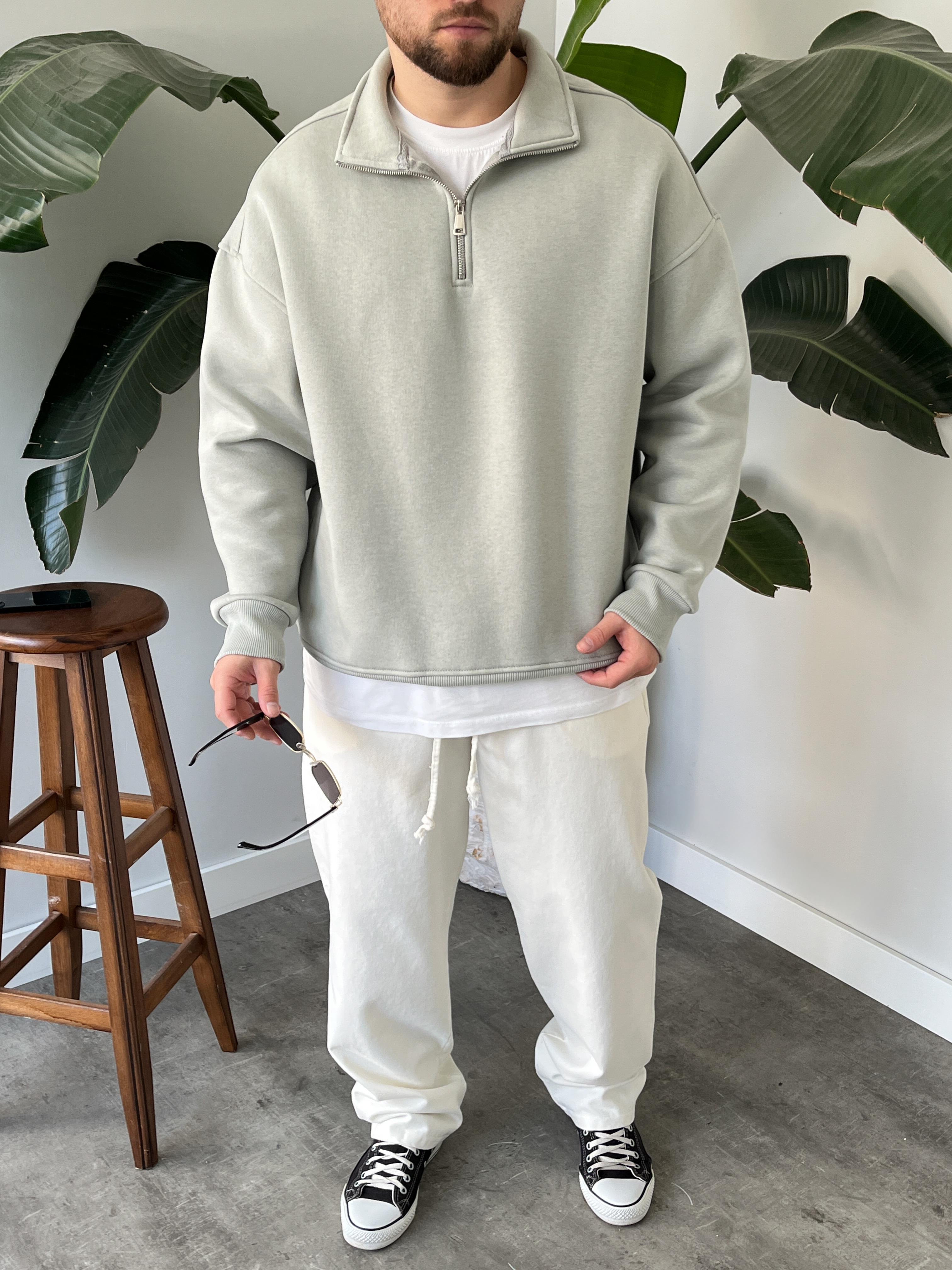 Taş Gri Yarım Fermuar Üç İplik Şardonlu Sweatshirt