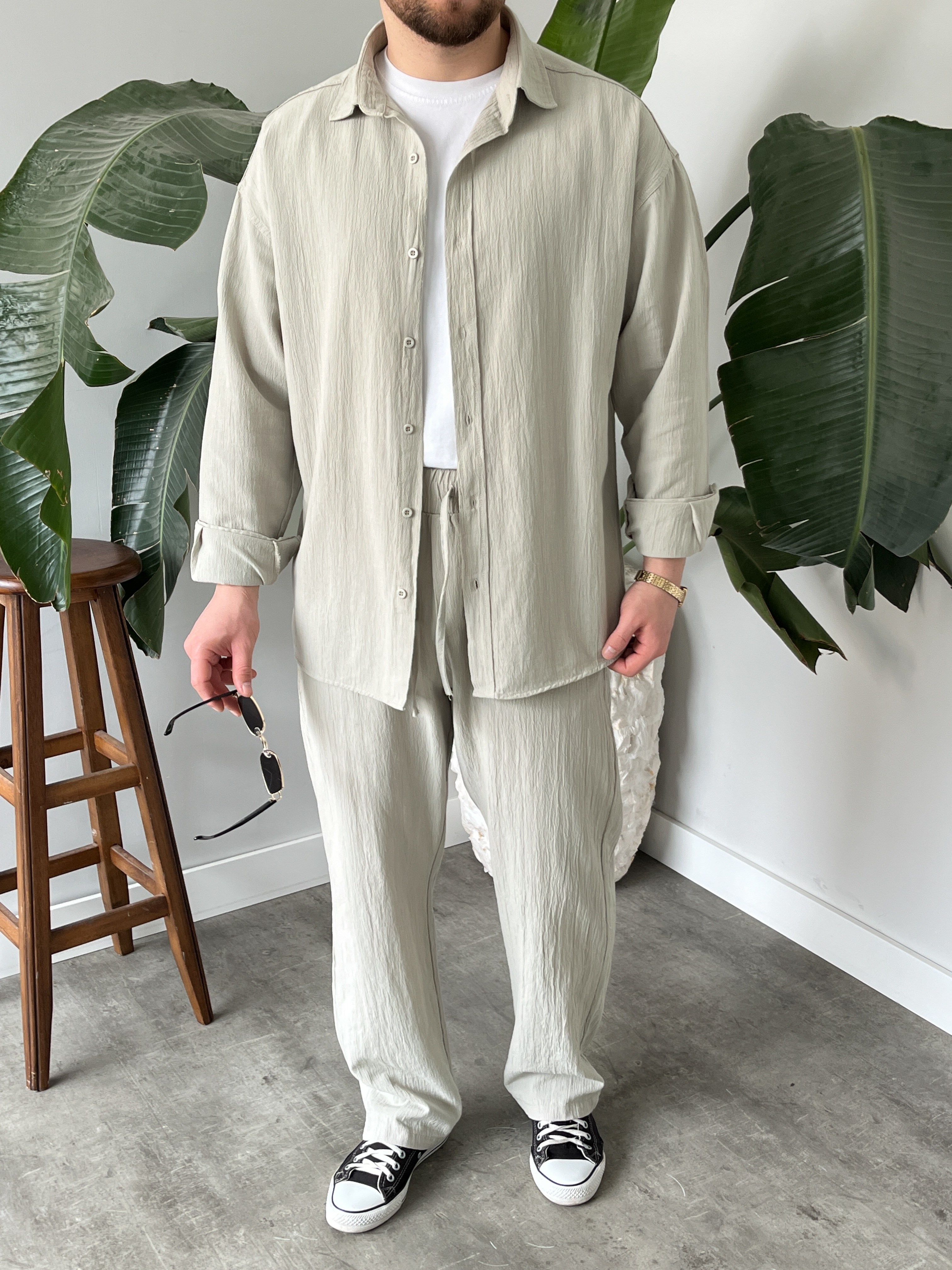 Taş Krinkıl Keten Oversize Takım