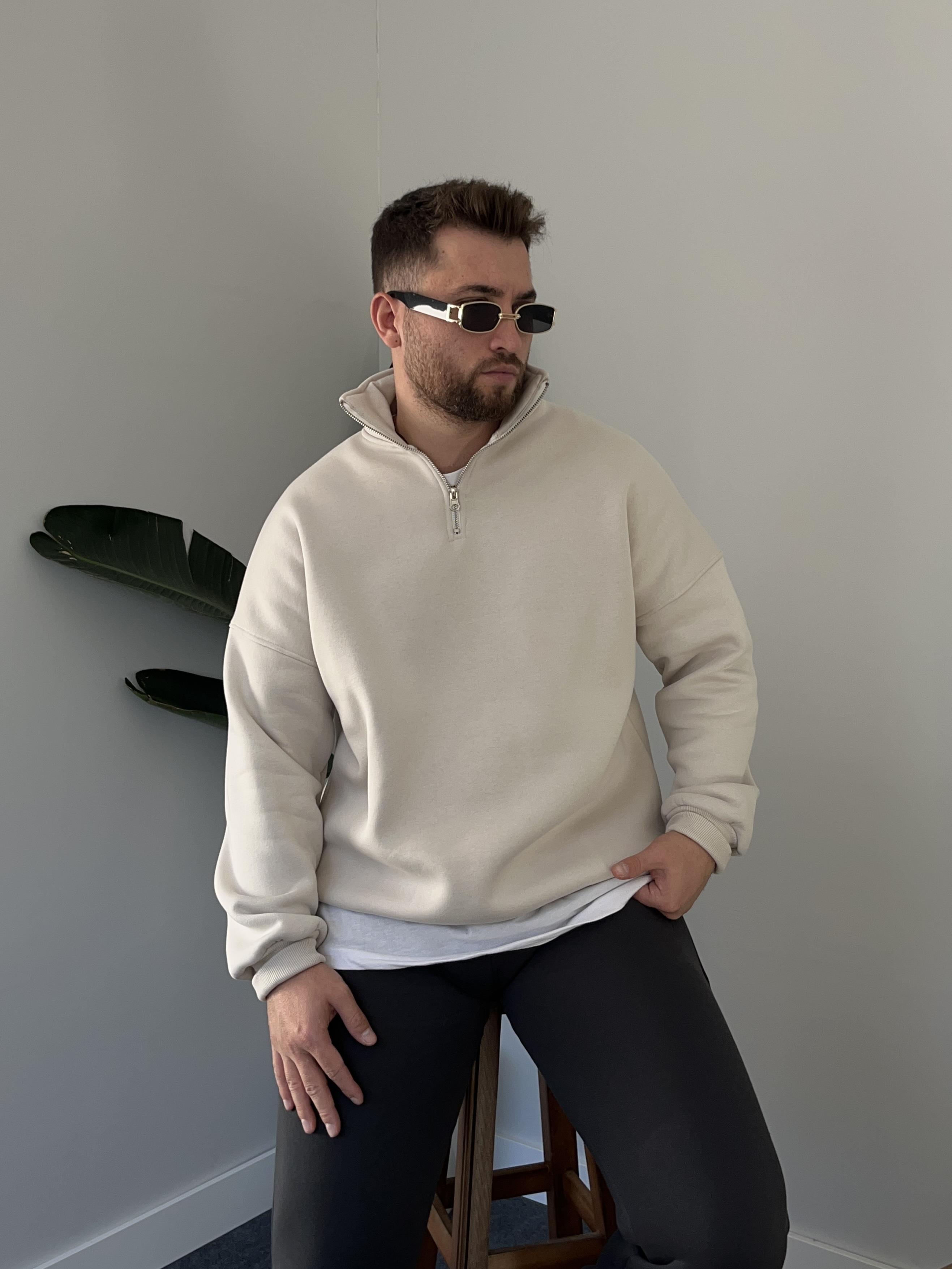 Taş Rengi Fermuar Yaka Basic Sweatshirt