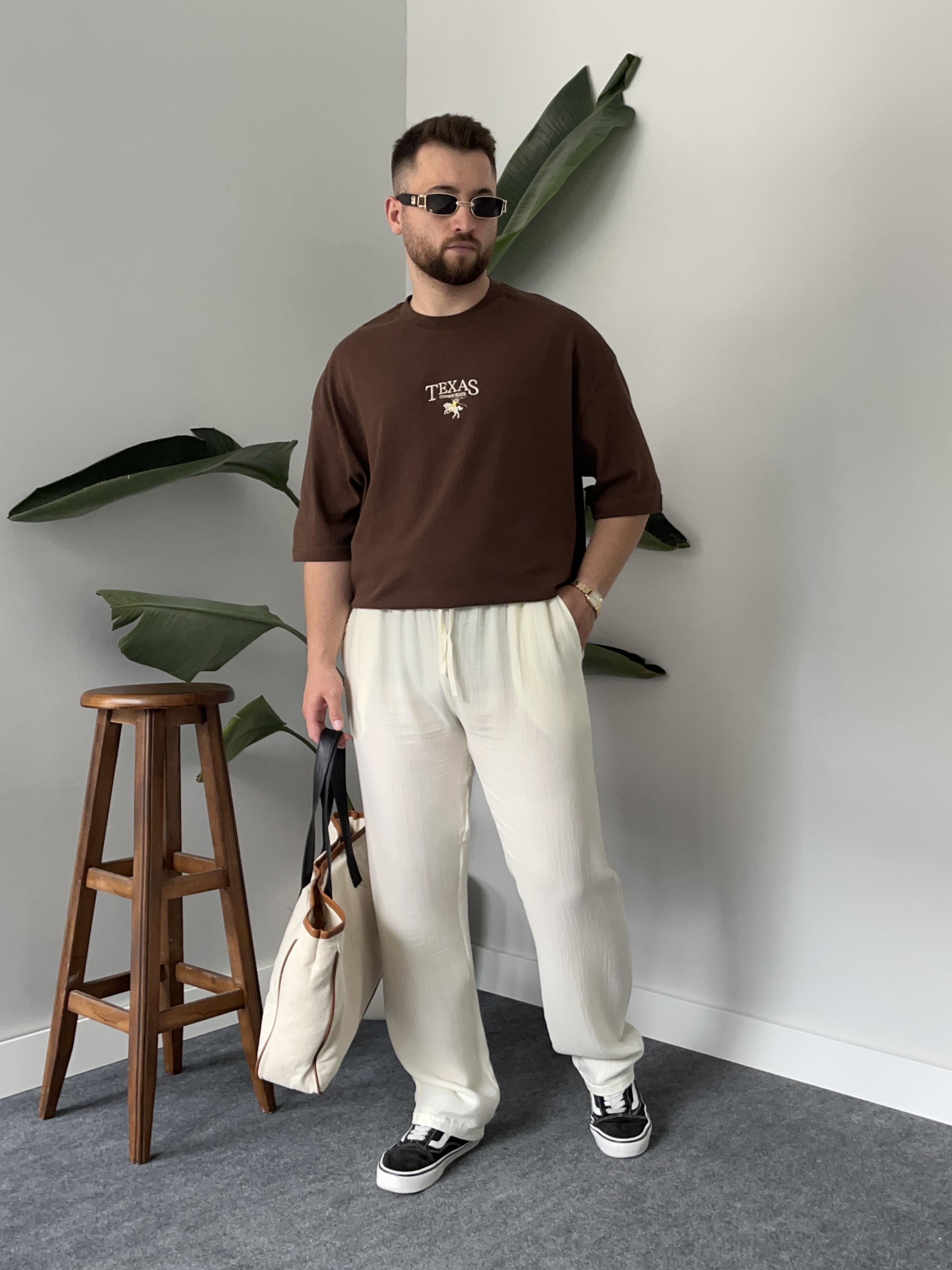 Texas Nakışlı Kahverengi  Oversize  T-shirt