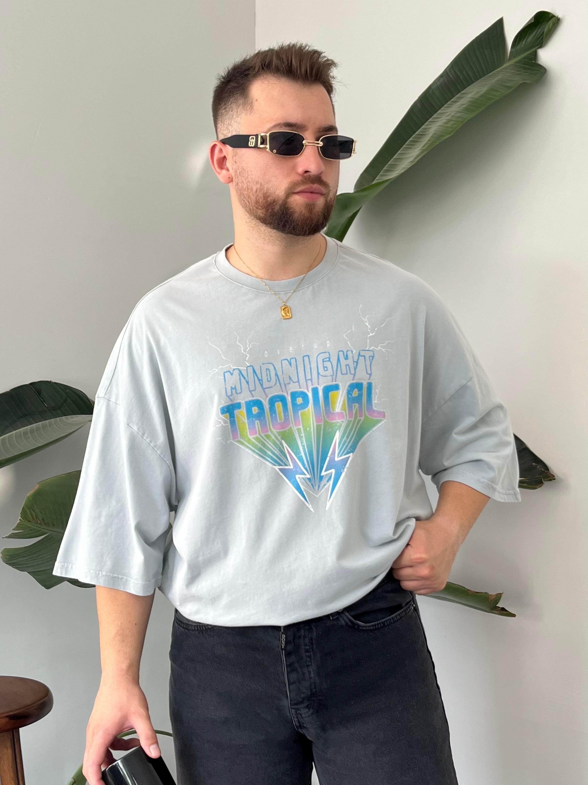 Tropical Yıkamalı Gri Oversize T-shirt