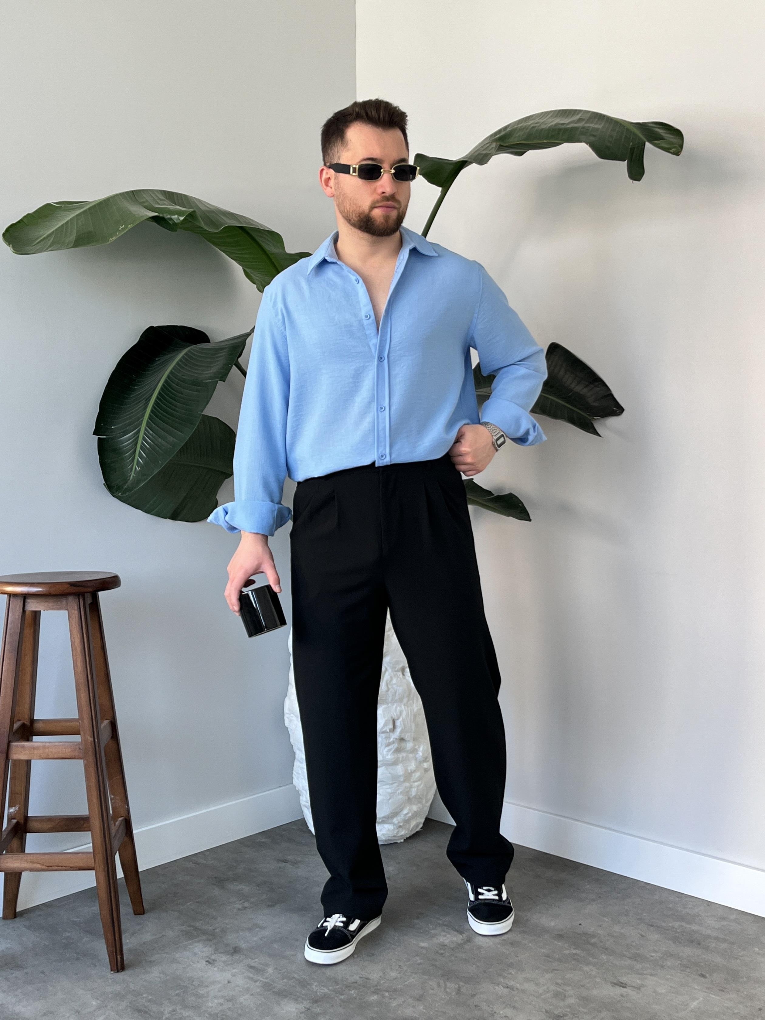 Vento Buz Mavi Krinkıl Kumaş Oversize Gömlek