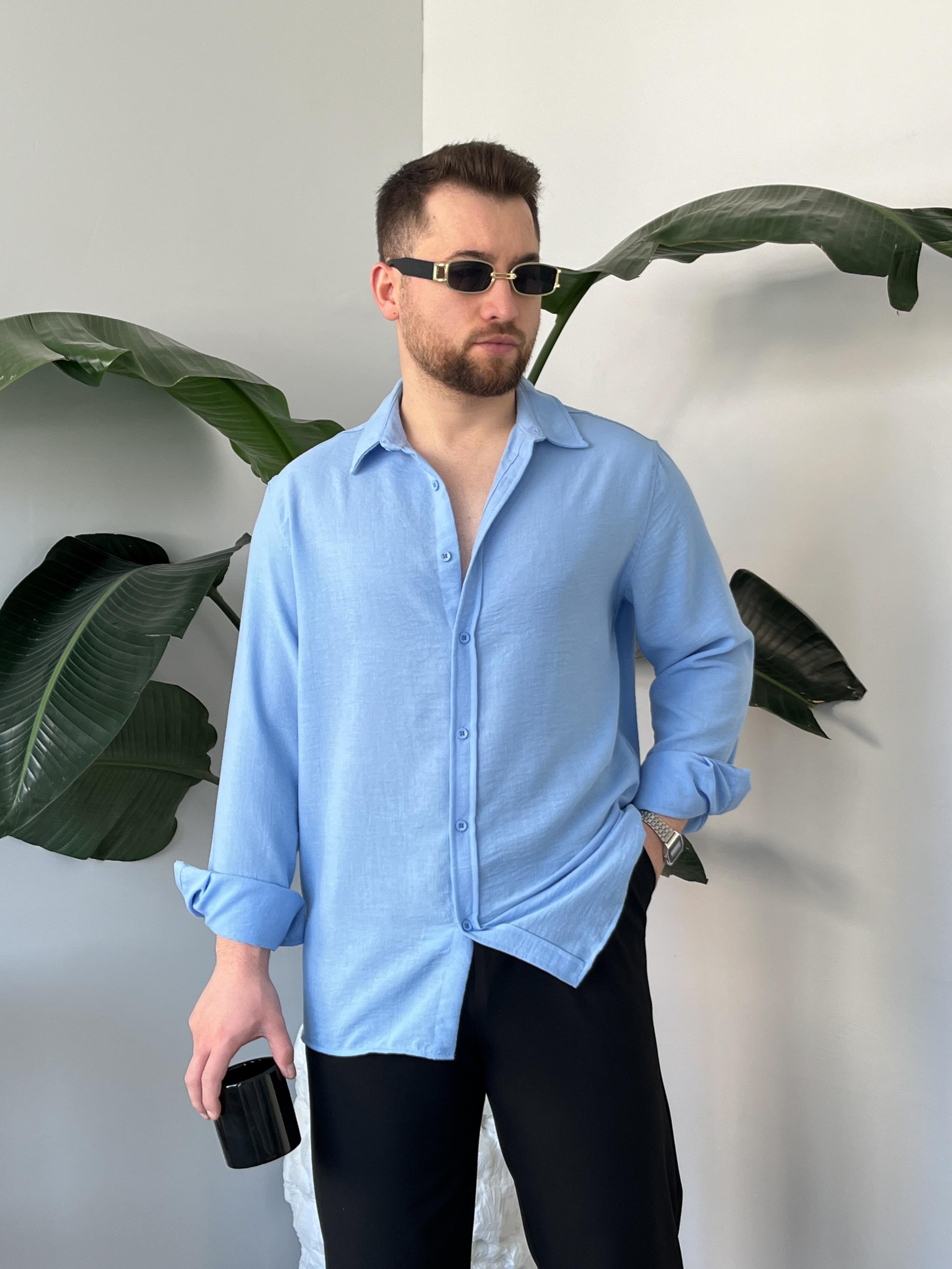 Vento Buz Mavi Krinkıl Kumaş Oversize Gömlek