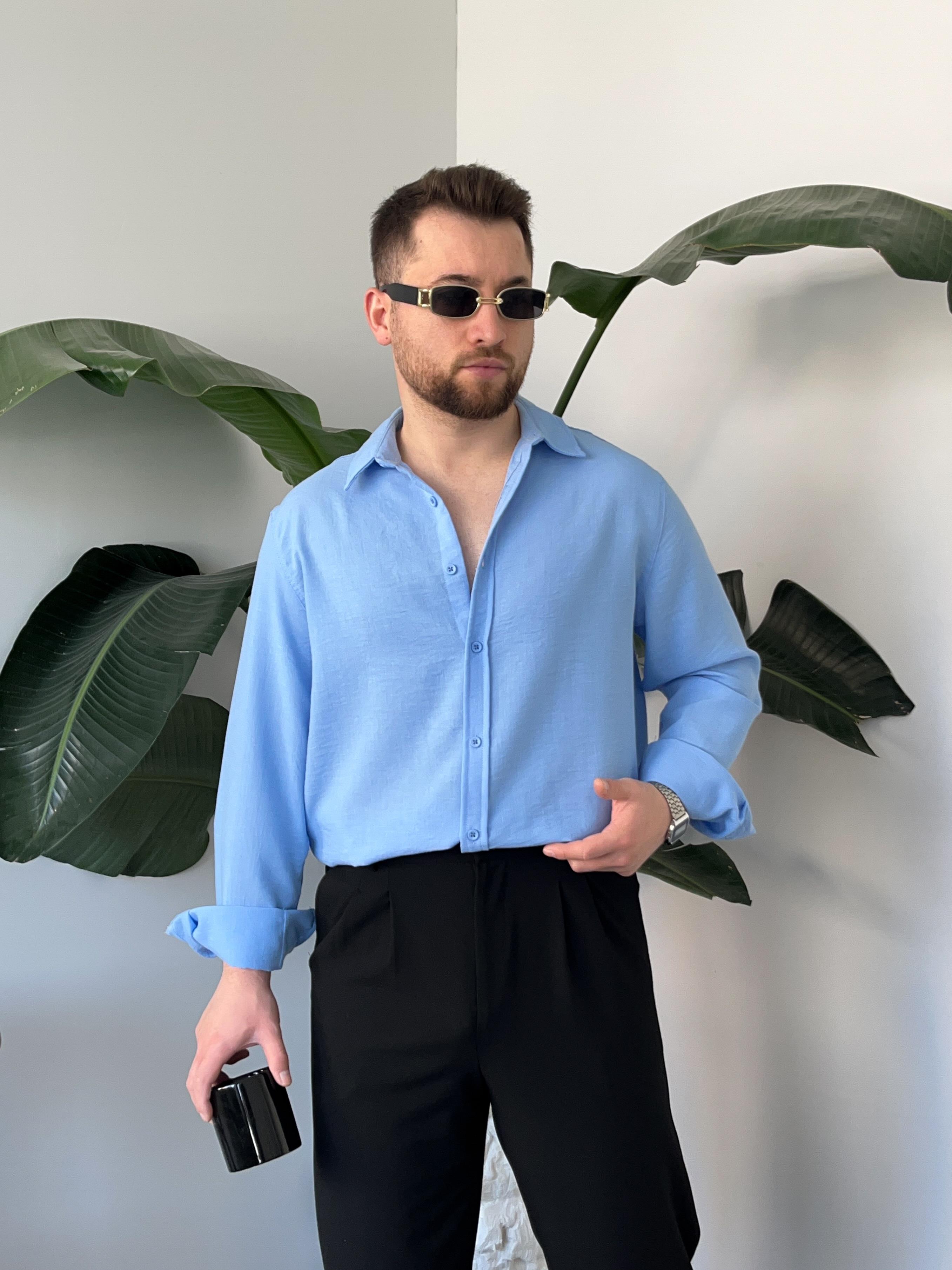Vento Buz Mavi Krinkıl Kumaş Oversize Gömlek