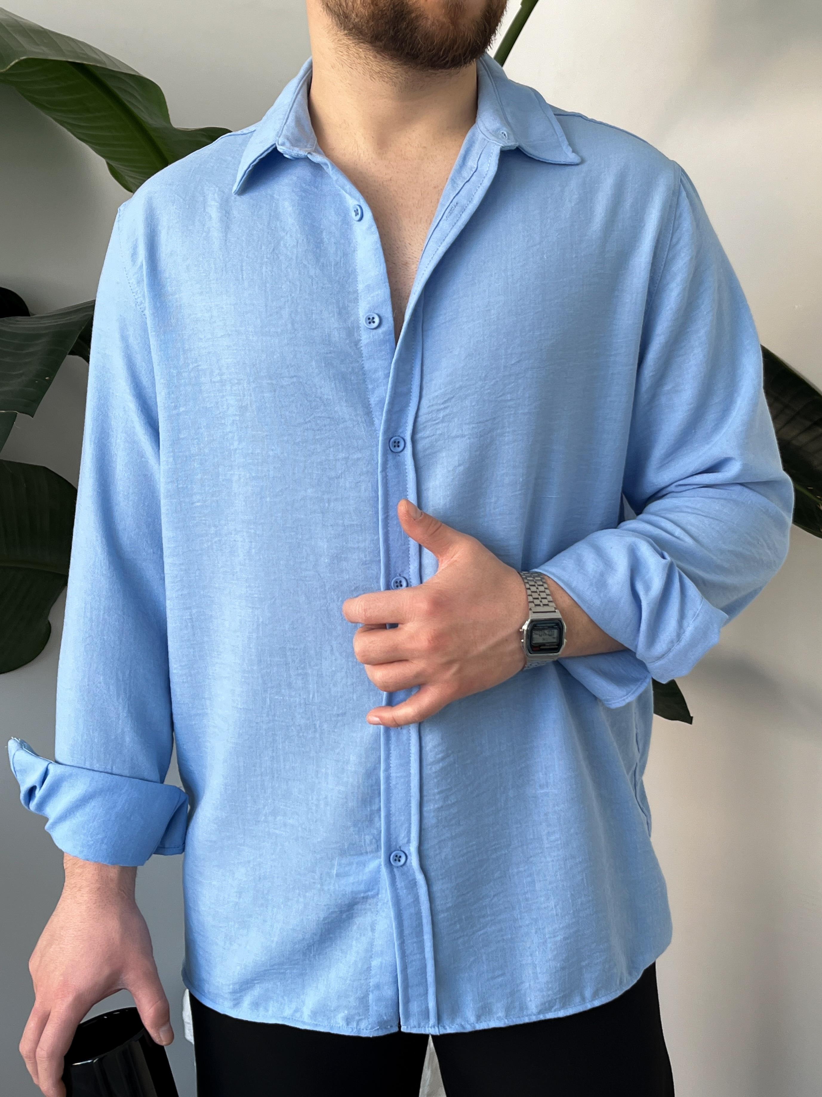 Vento Buz Mavi Krinkıl Kumaş Oversize Gömlek