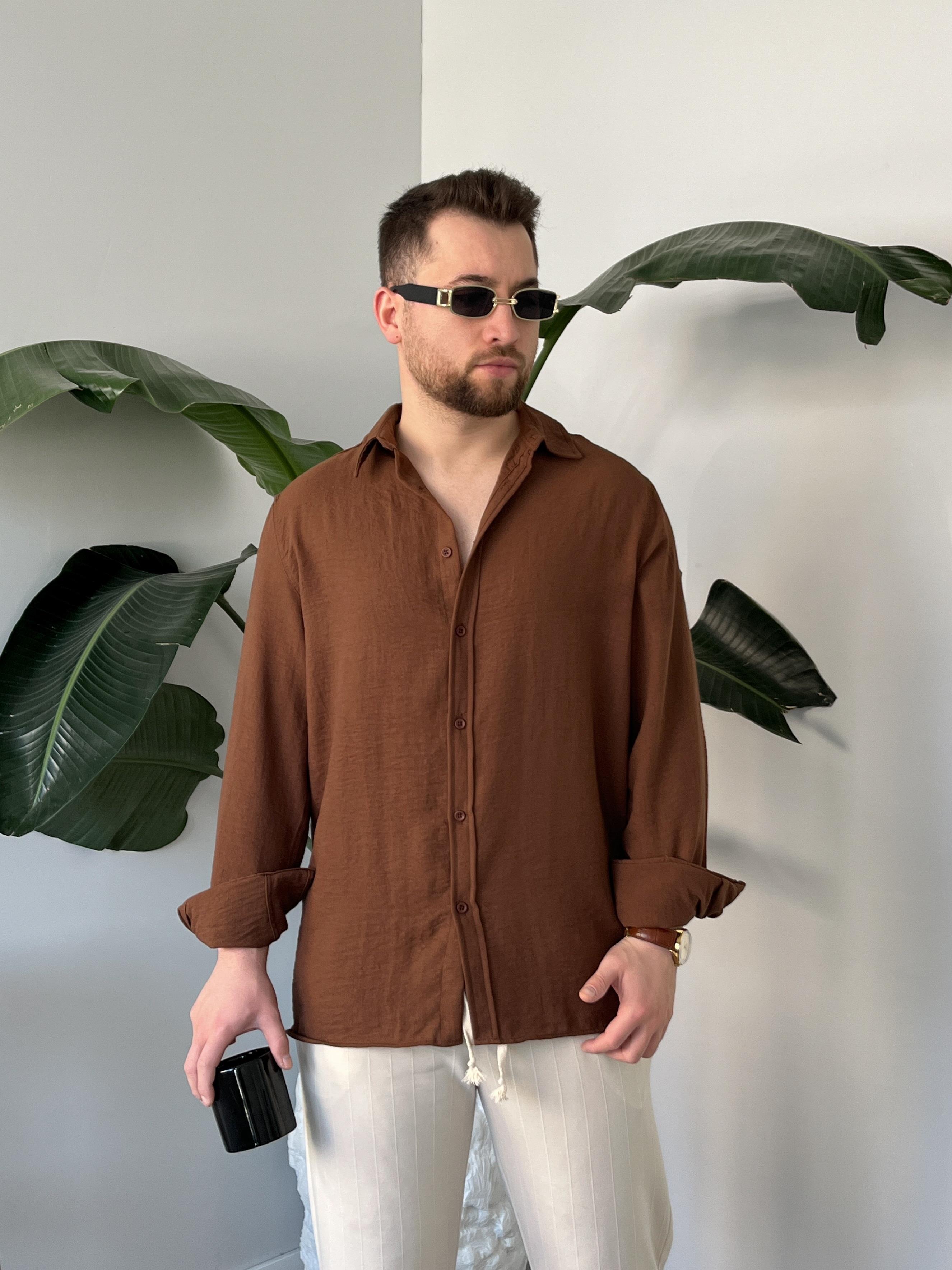 Vento Kahverengi Krinkıl Kumaş Oversize Gömlek