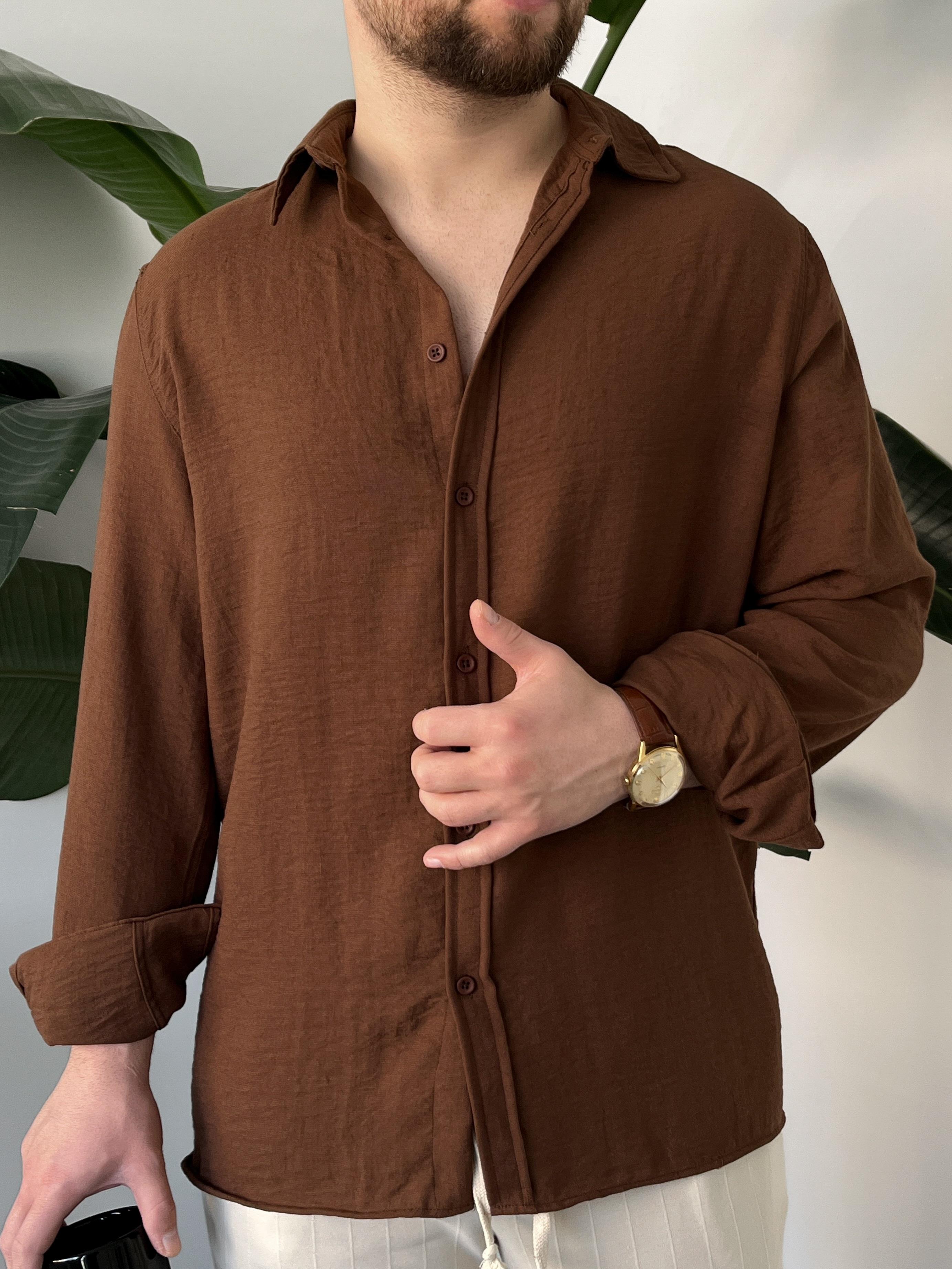 Vento Kahverengi Krinkıl Kumaş Oversize Gömlek
