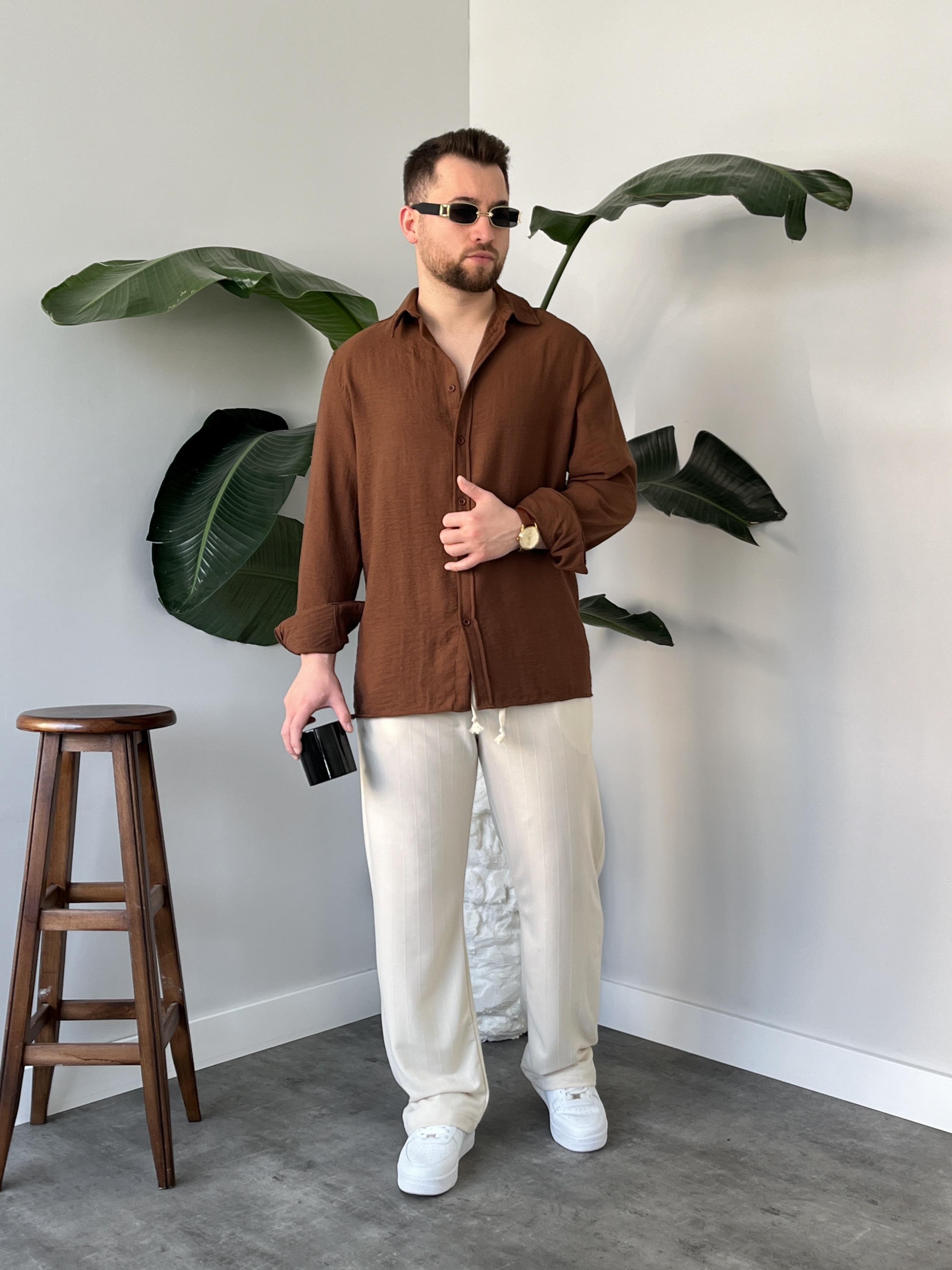 Vento Kahverengi Krinkıl Kumaş Oversize Gömlek