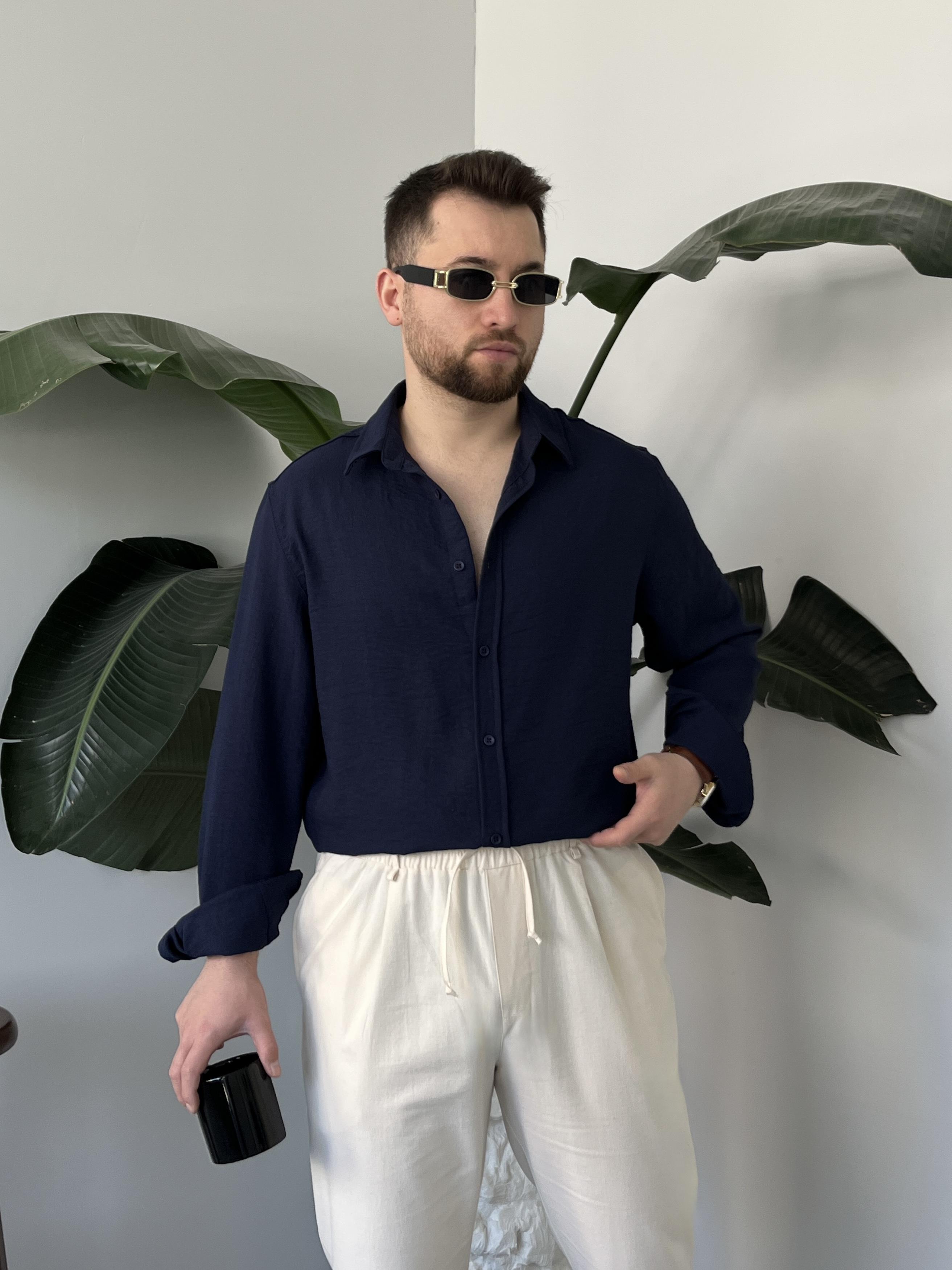 Vento Lacivert Krinkıl Kumaş Oversize Gömlek