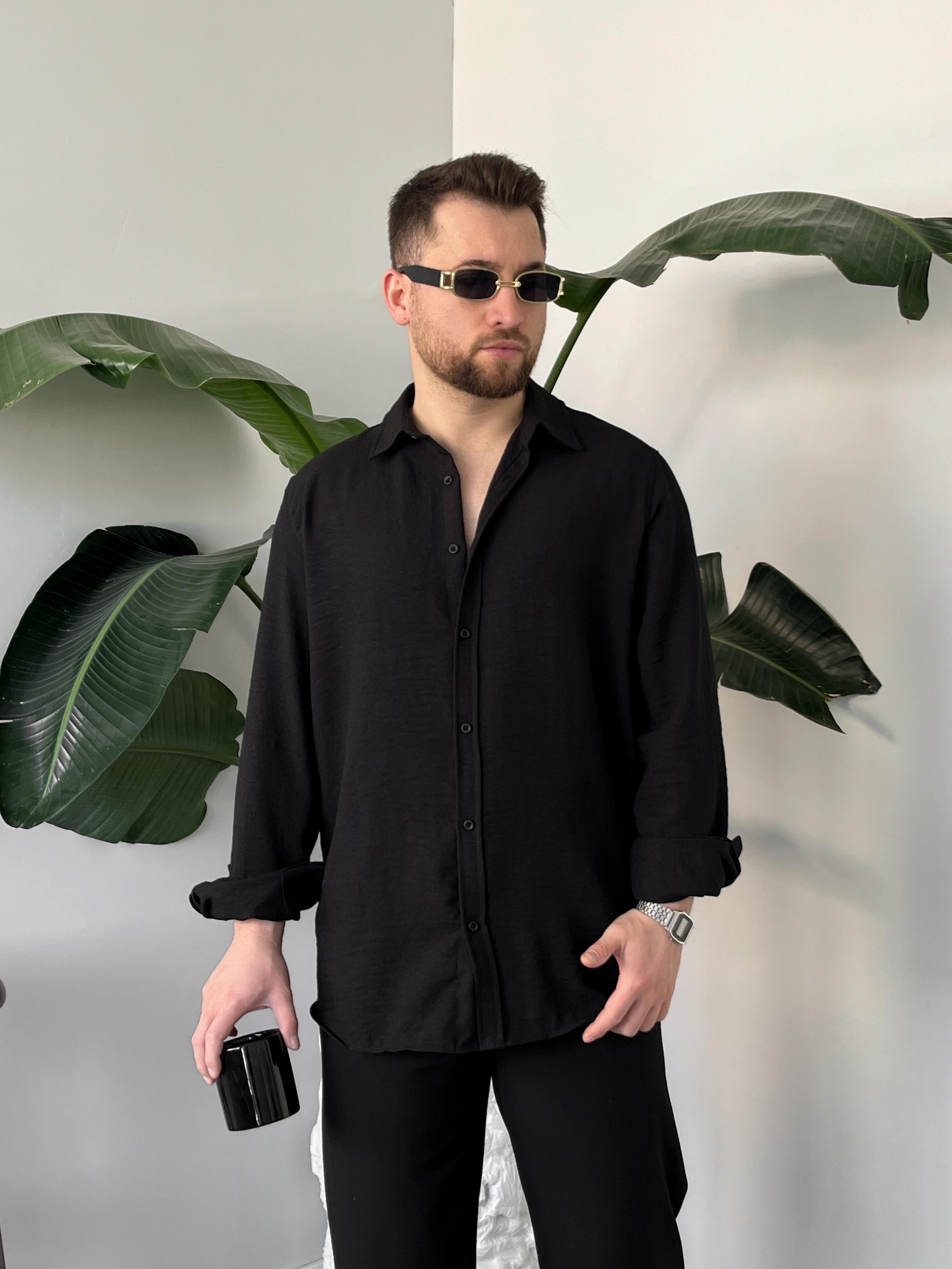 Vento Siyah Krinkıl Kumaş Oversize Gömlek