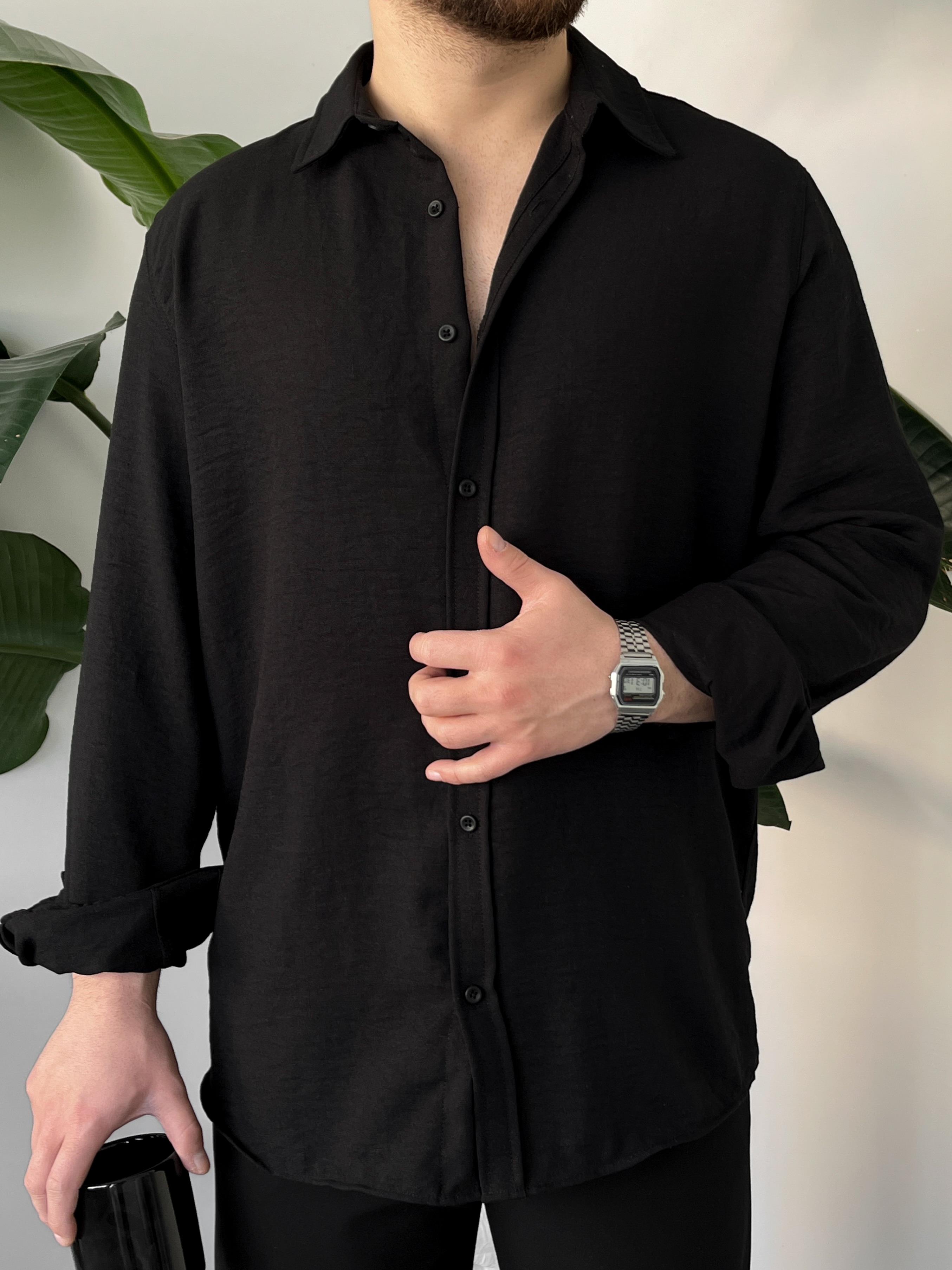Vento Siyah Krinkıl Kumaş Oversize Gömlek