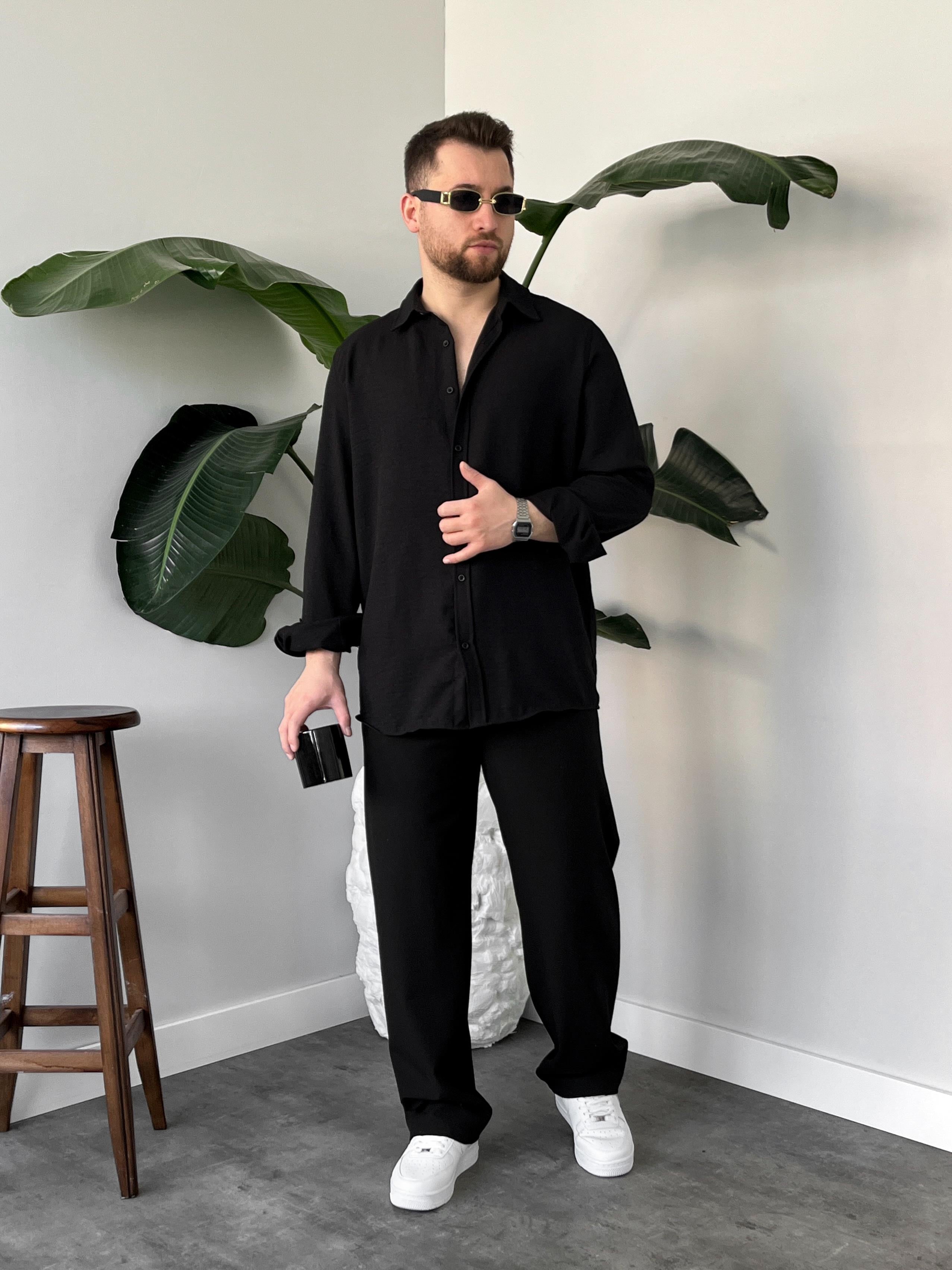 Vento Siyah Krinkıl Kumaş Oversize Gömlek