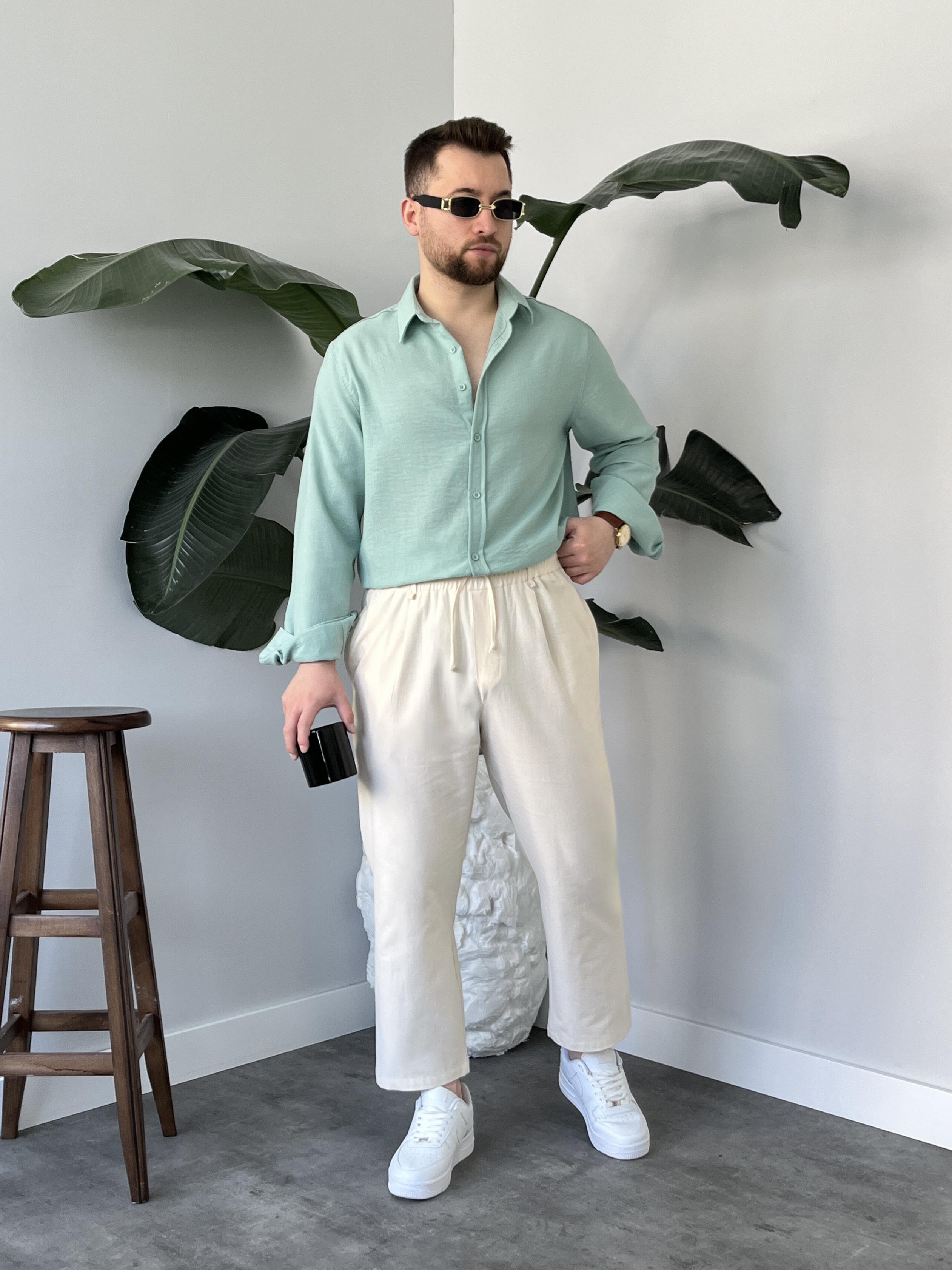 Vento Yeşil Krinkıl Kumaş Oversize Gömlek