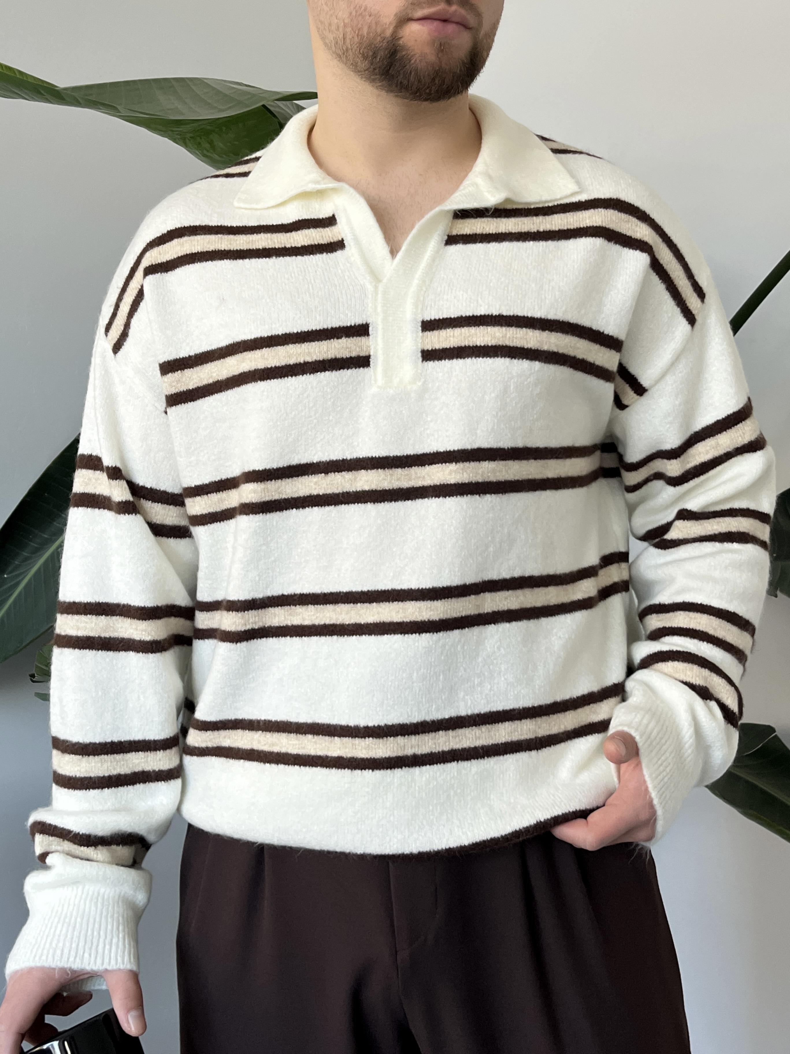 Versa Ekru Çizgili Polo Yaka Triko Kazak