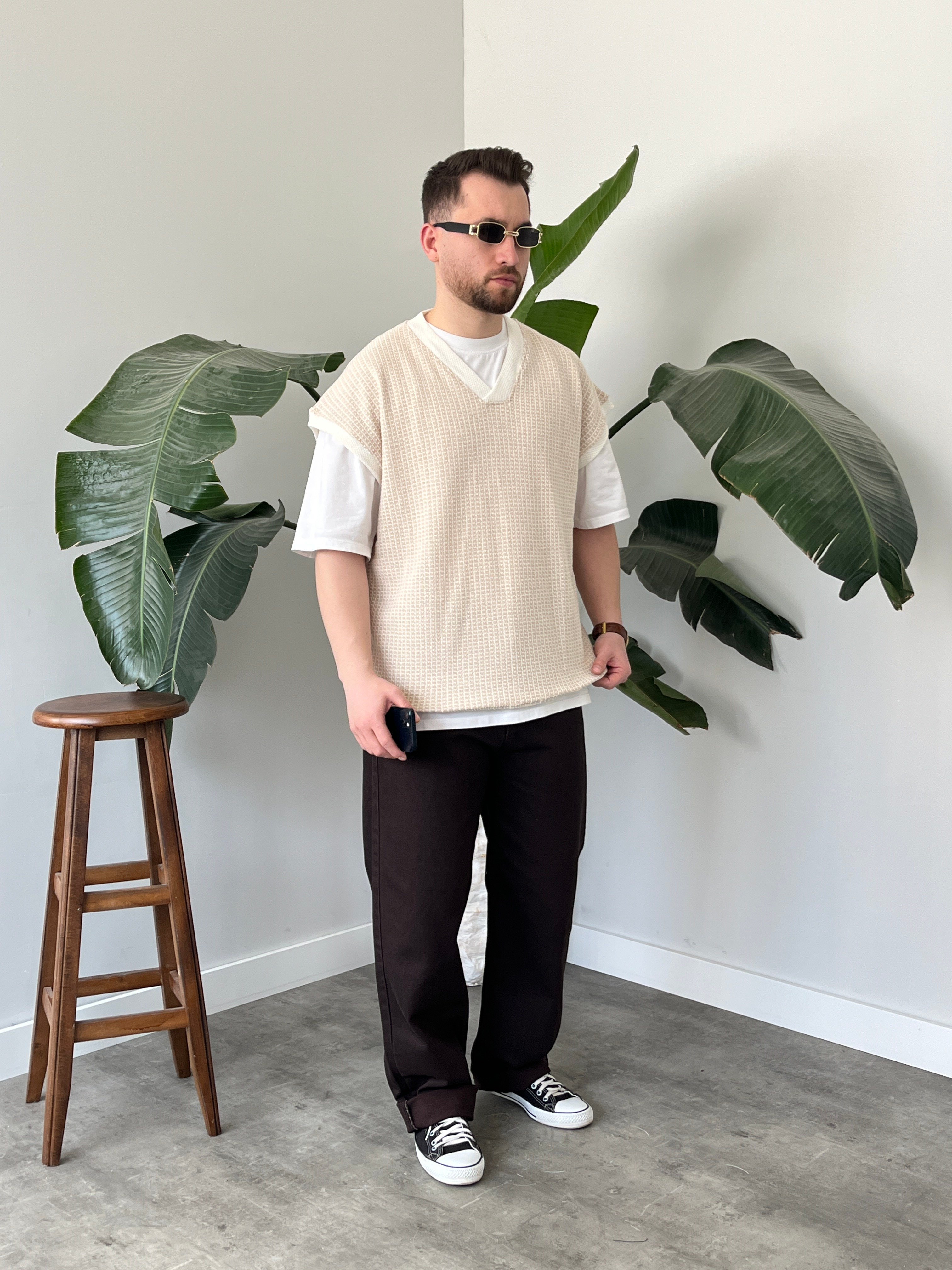 Vino Krem Desenli Oversize Süveter