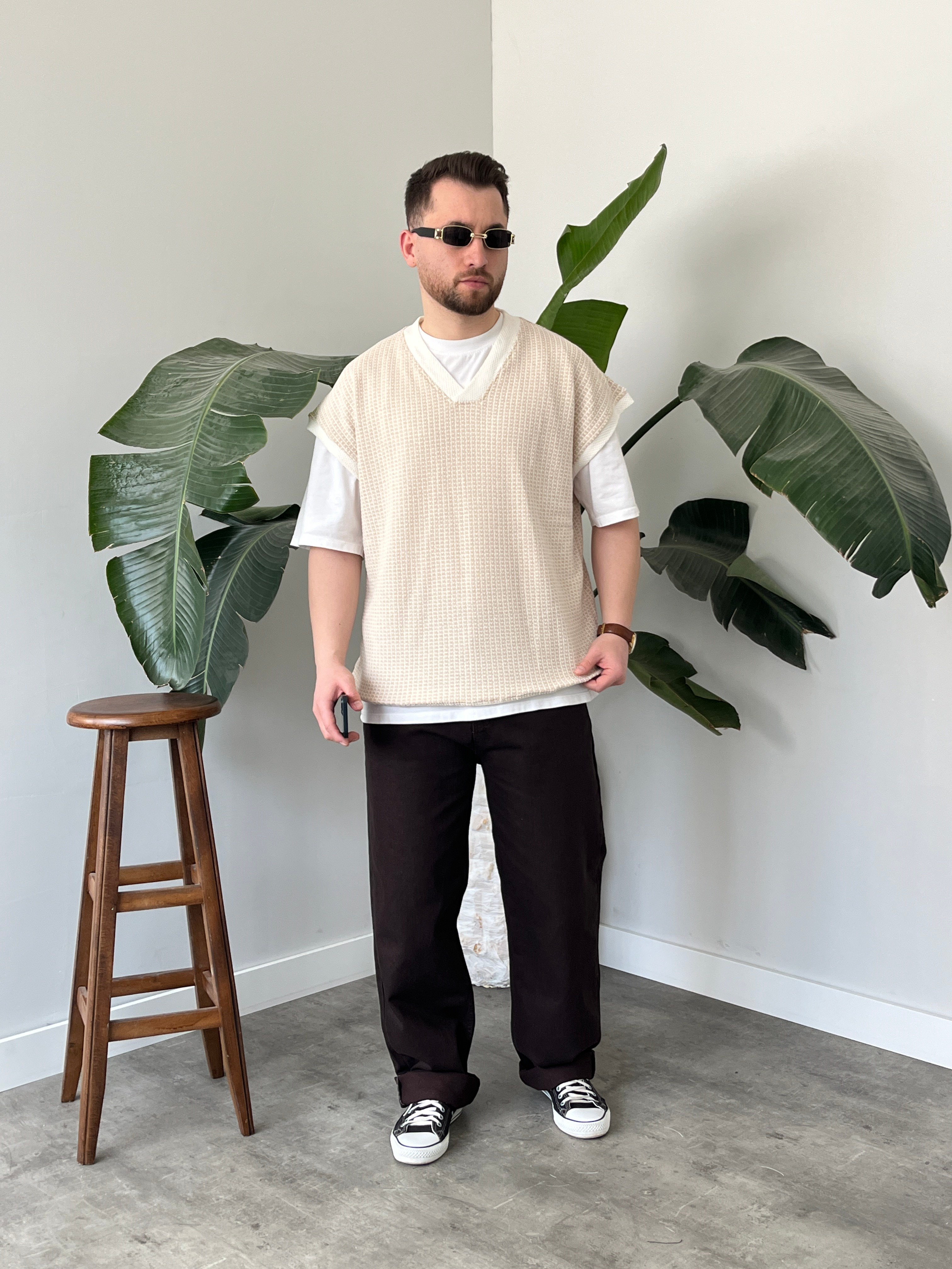 Vino Krem Desenli Oversize Süveter