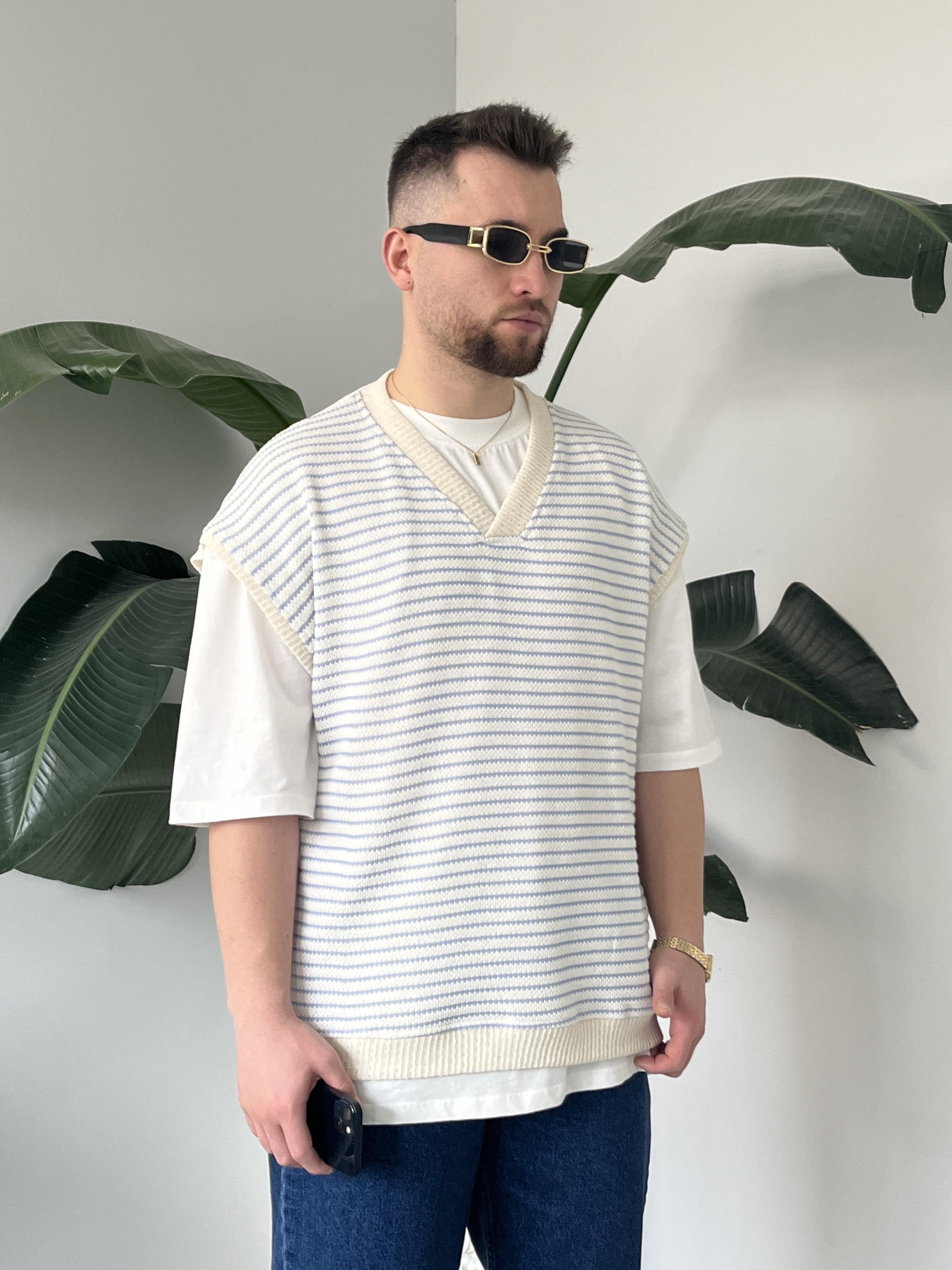 Vino Mavi Çizgili Oversize Süveter