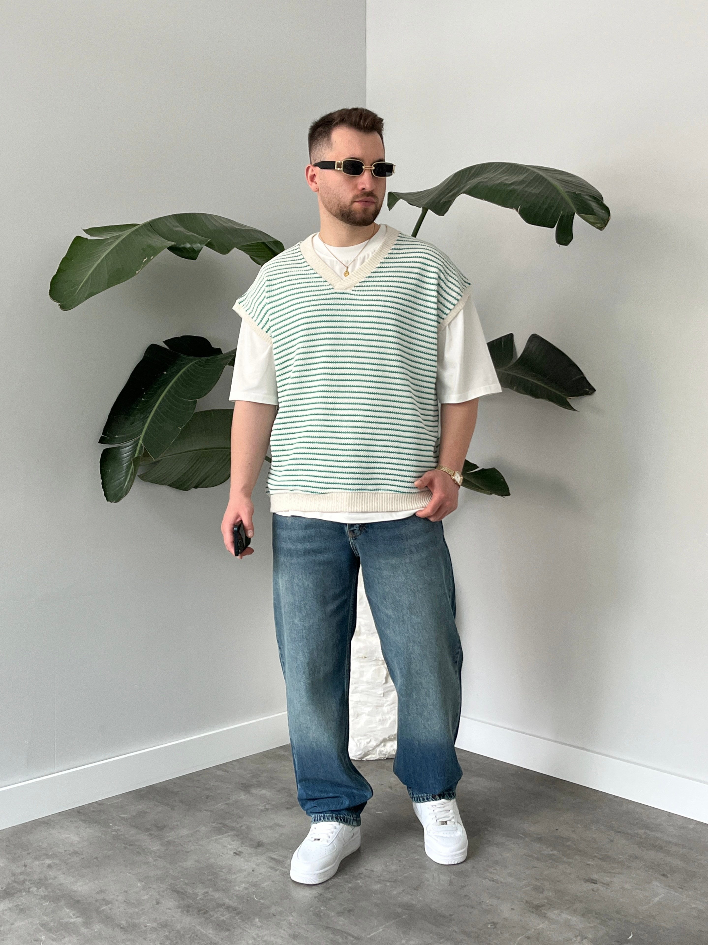 Vino Zümrüt Çizgili Oversize Süveter