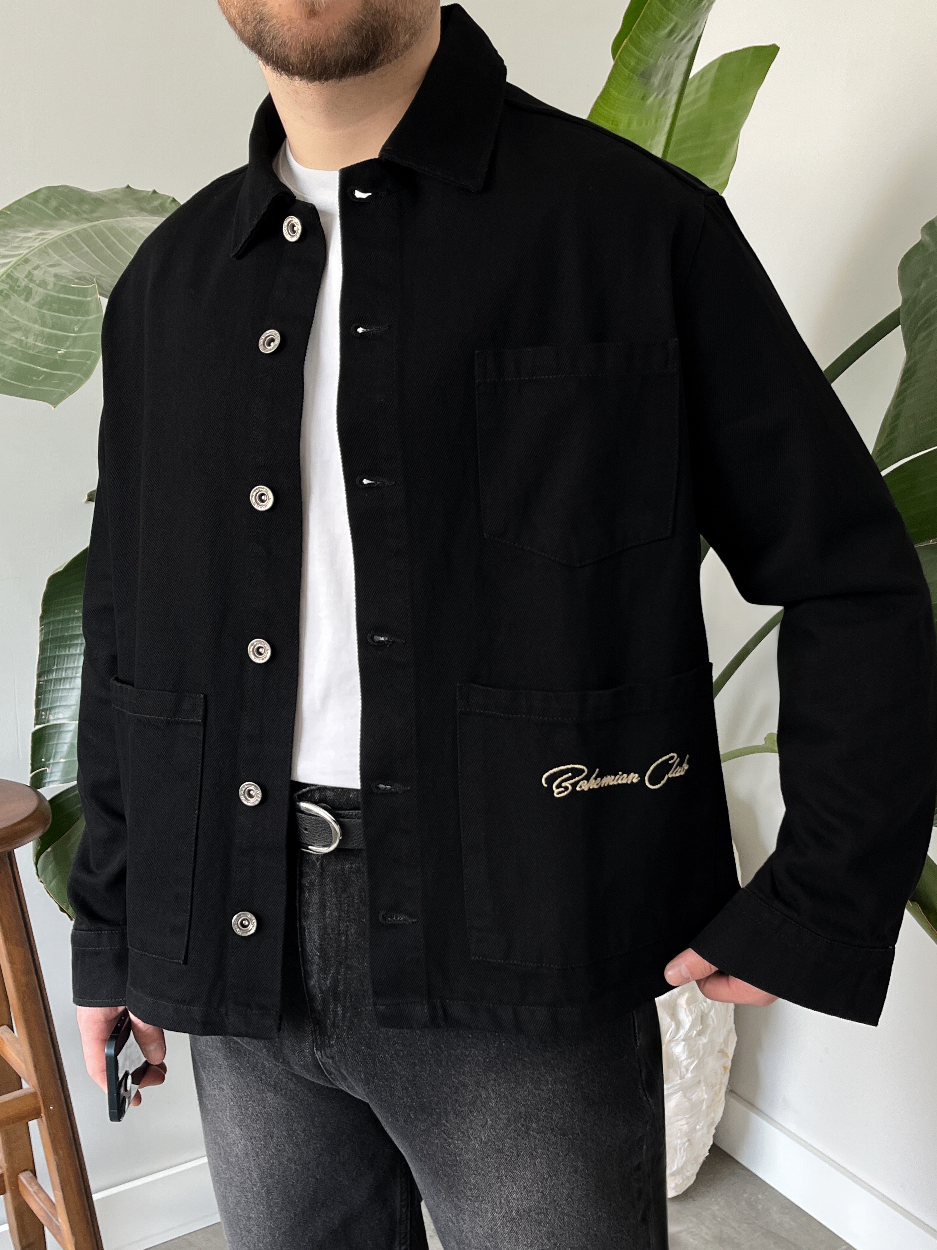 Vintage Nakış Detaylı Siyah Denim Ceket