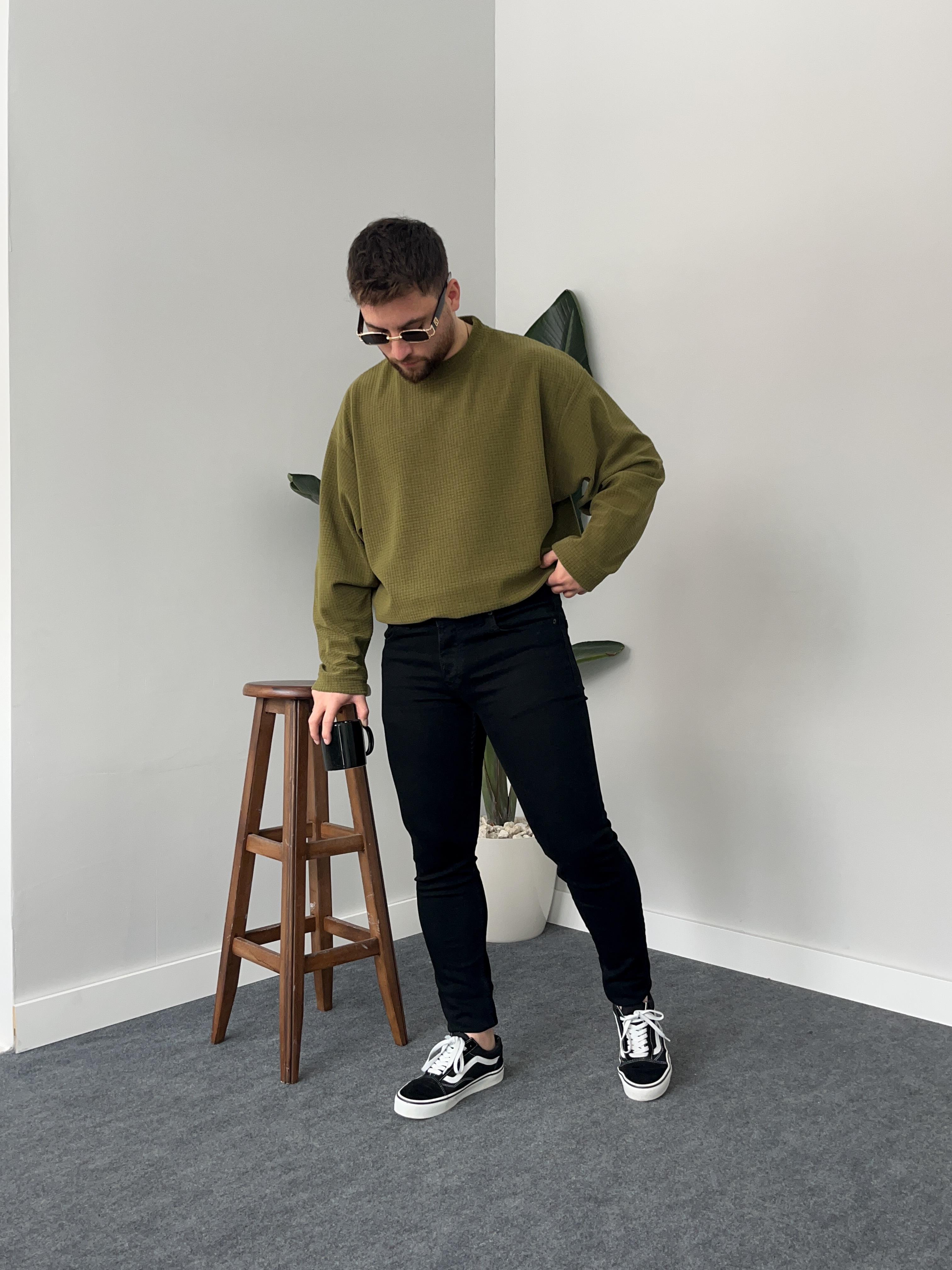 Waffle Kumaş Haki Sweatshirt