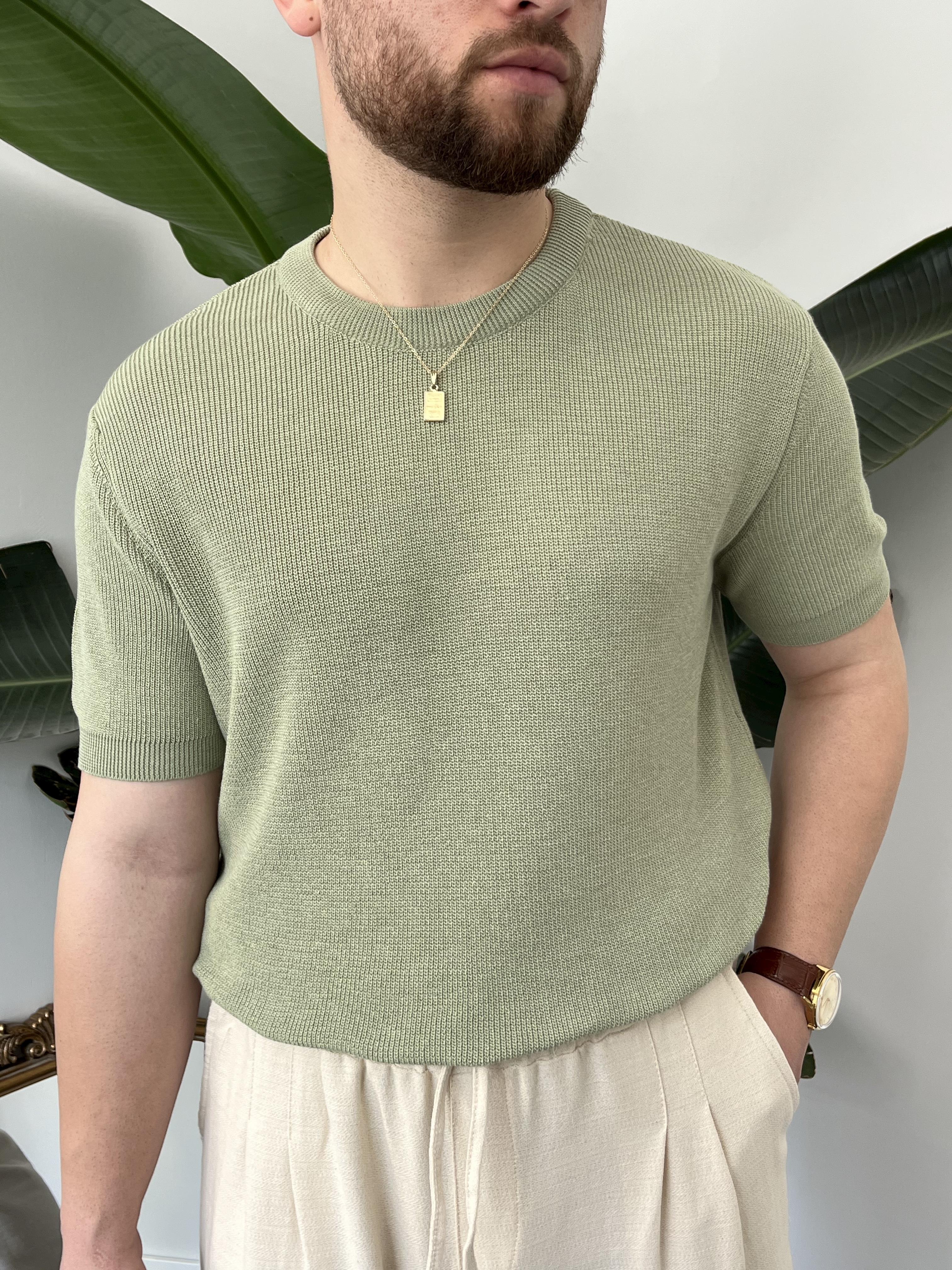 Yeşil Casual Örme Triko T-shirt