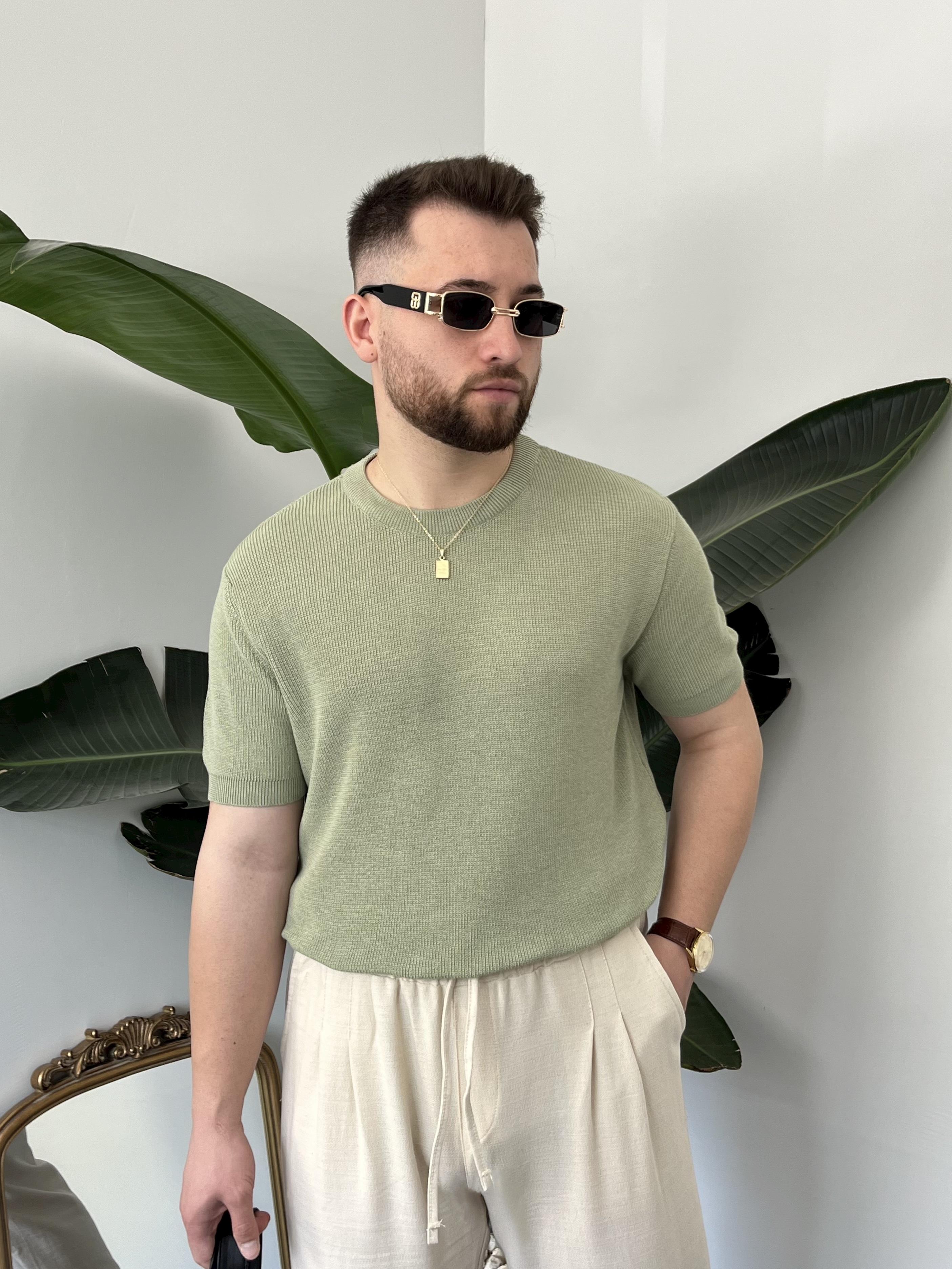 Yeşil Casual Örme Triko T-shirt
