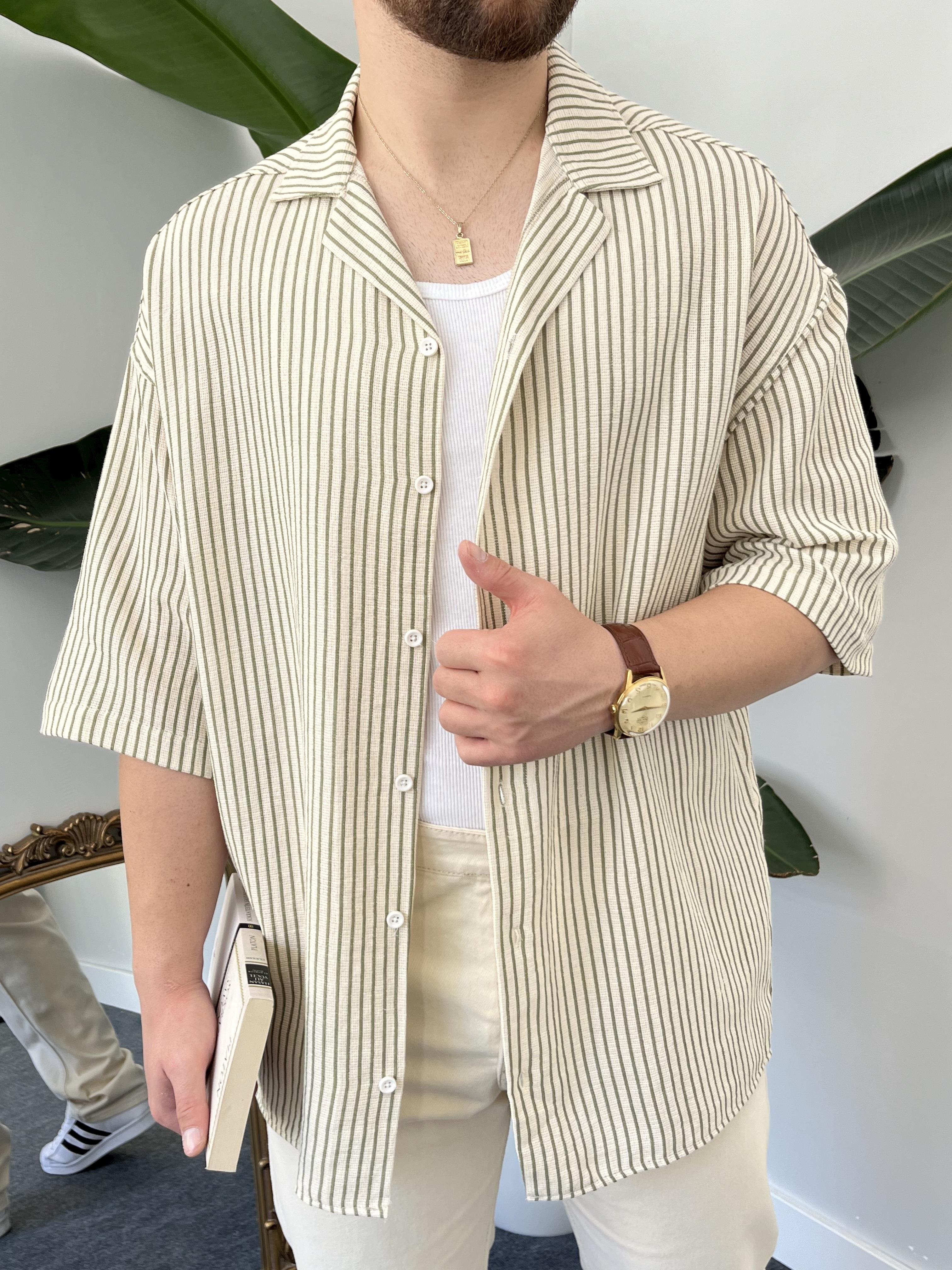 Yeşil Çizgili Etamin Keten Oversize Gömlek