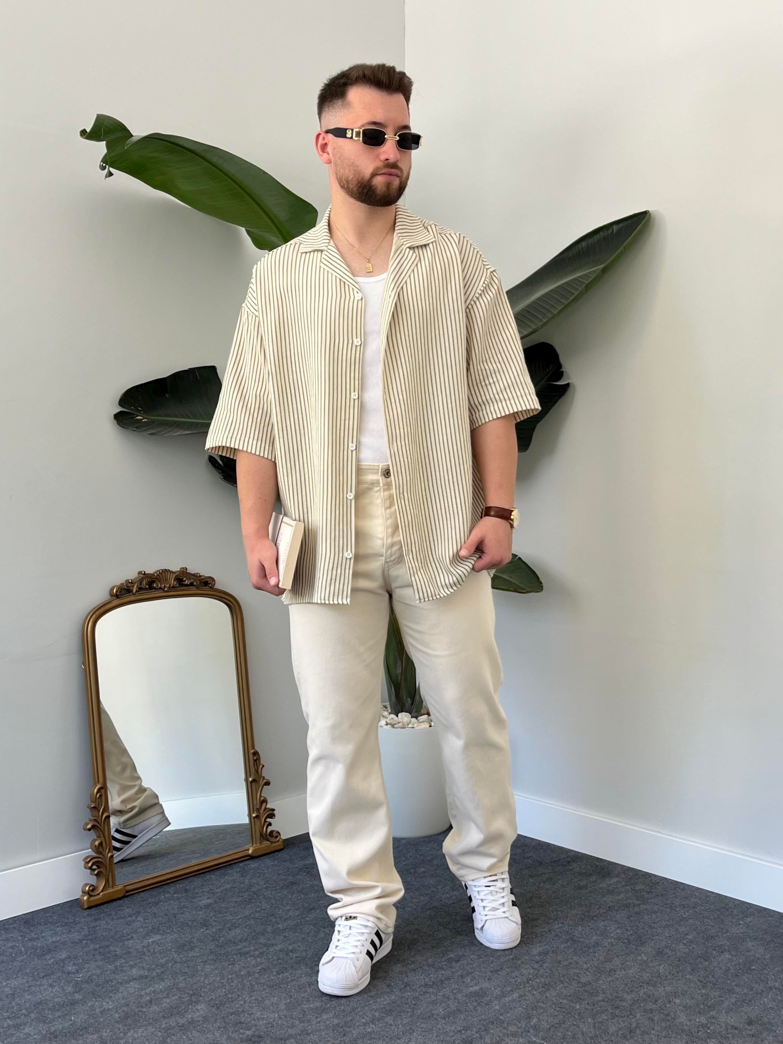 Yeşil Çizgili Etamin Keten Oversize Gömlek
