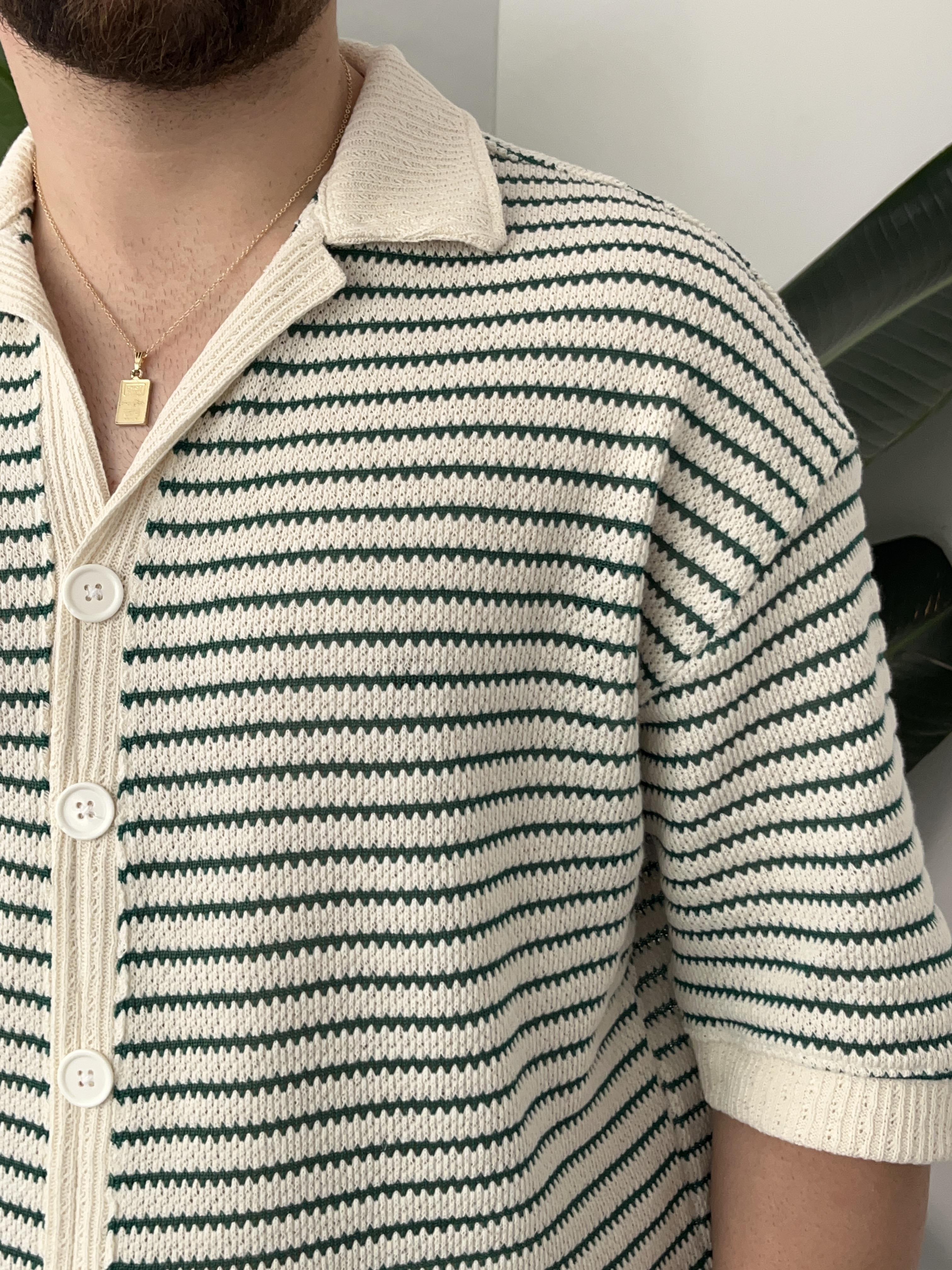 Yeşil Çizgili Gömlek Görünümlü Oversize T-shirt