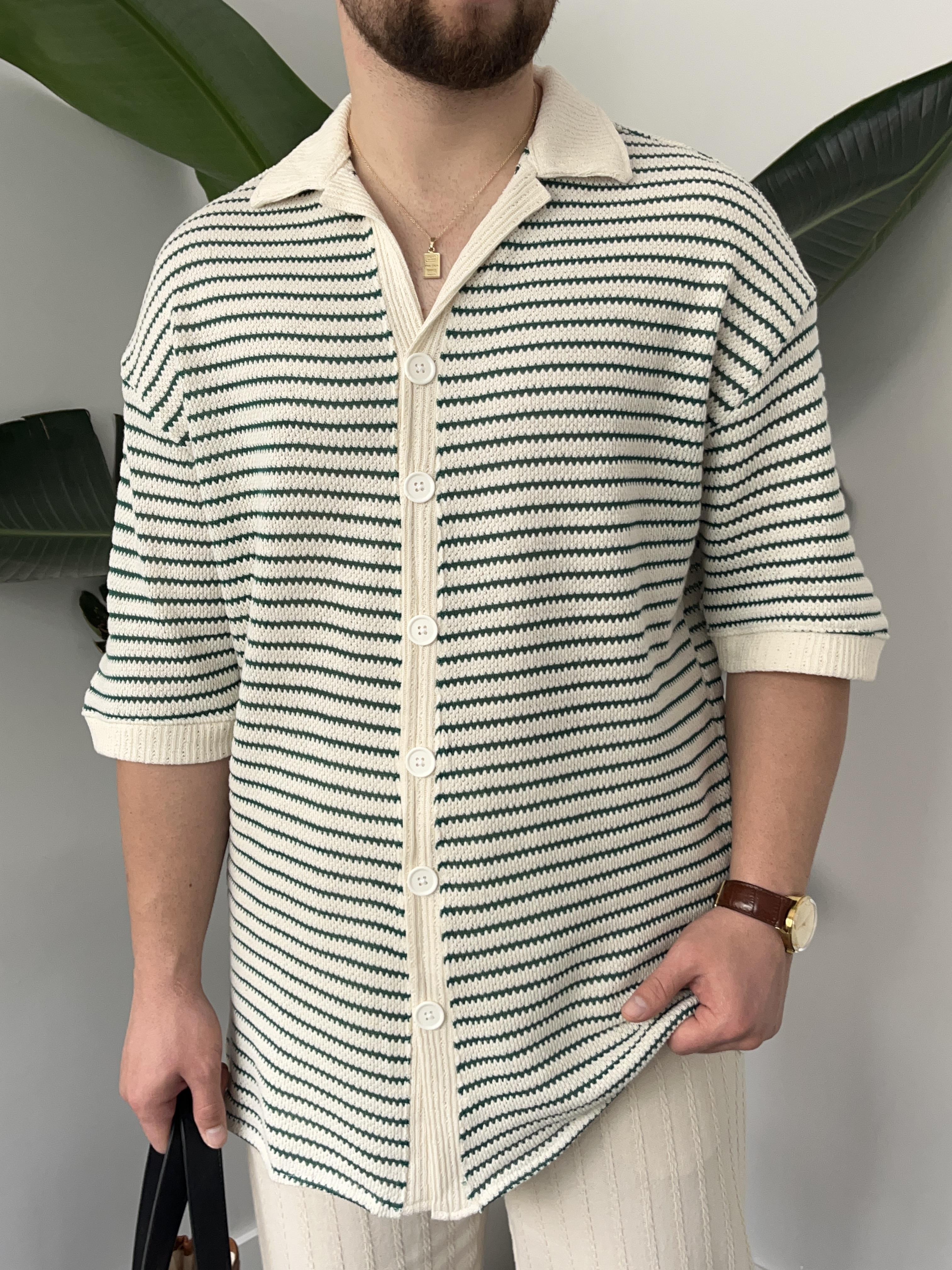 Yeşil Çizgili Gömlek Görünümlü Oversize T-shirt