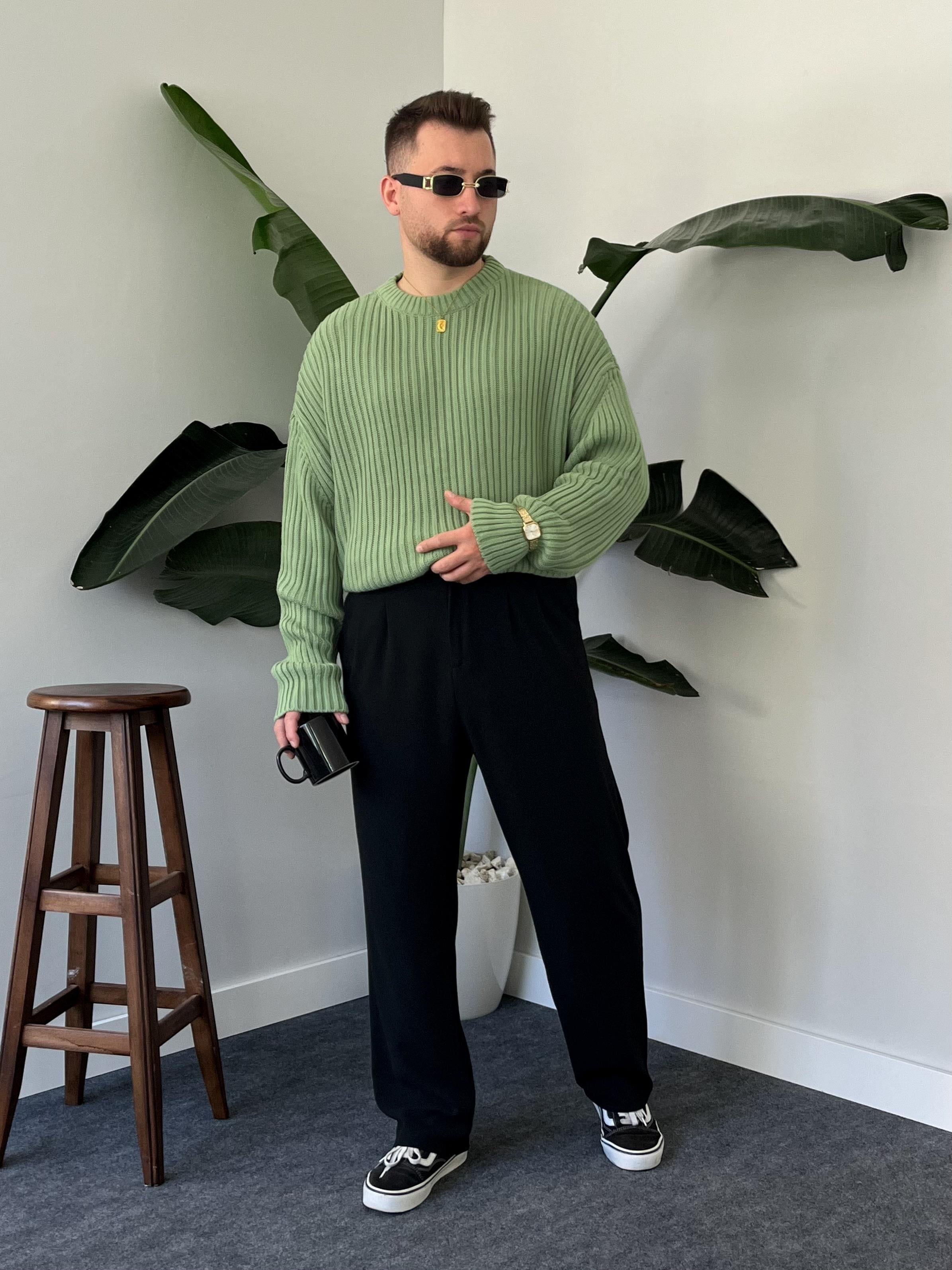 Yeşil Extra Dolgulu Oversize Örgü Kazak