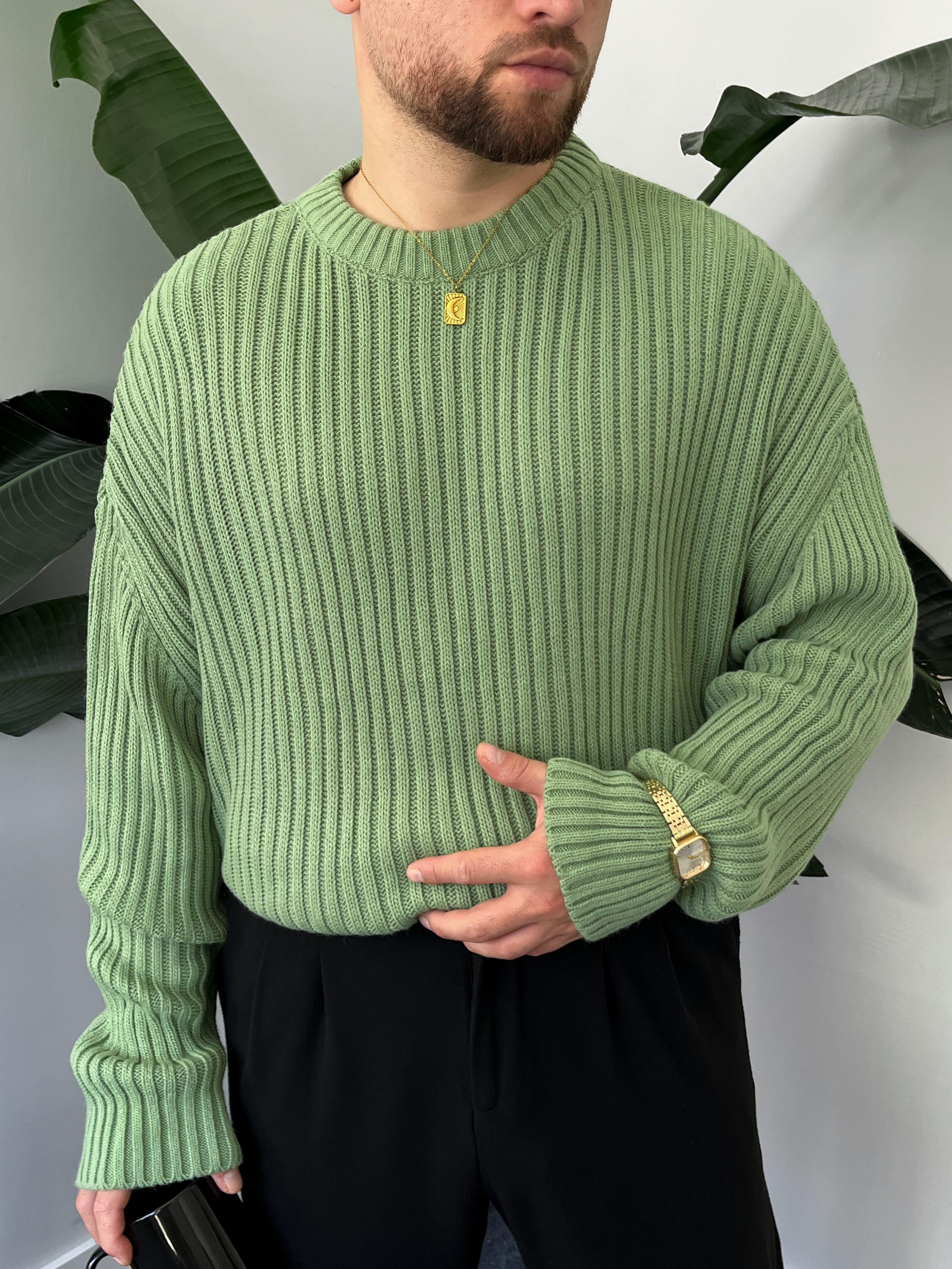 Yeşil Extra Dolgulu Oversize Örgü Kazak
