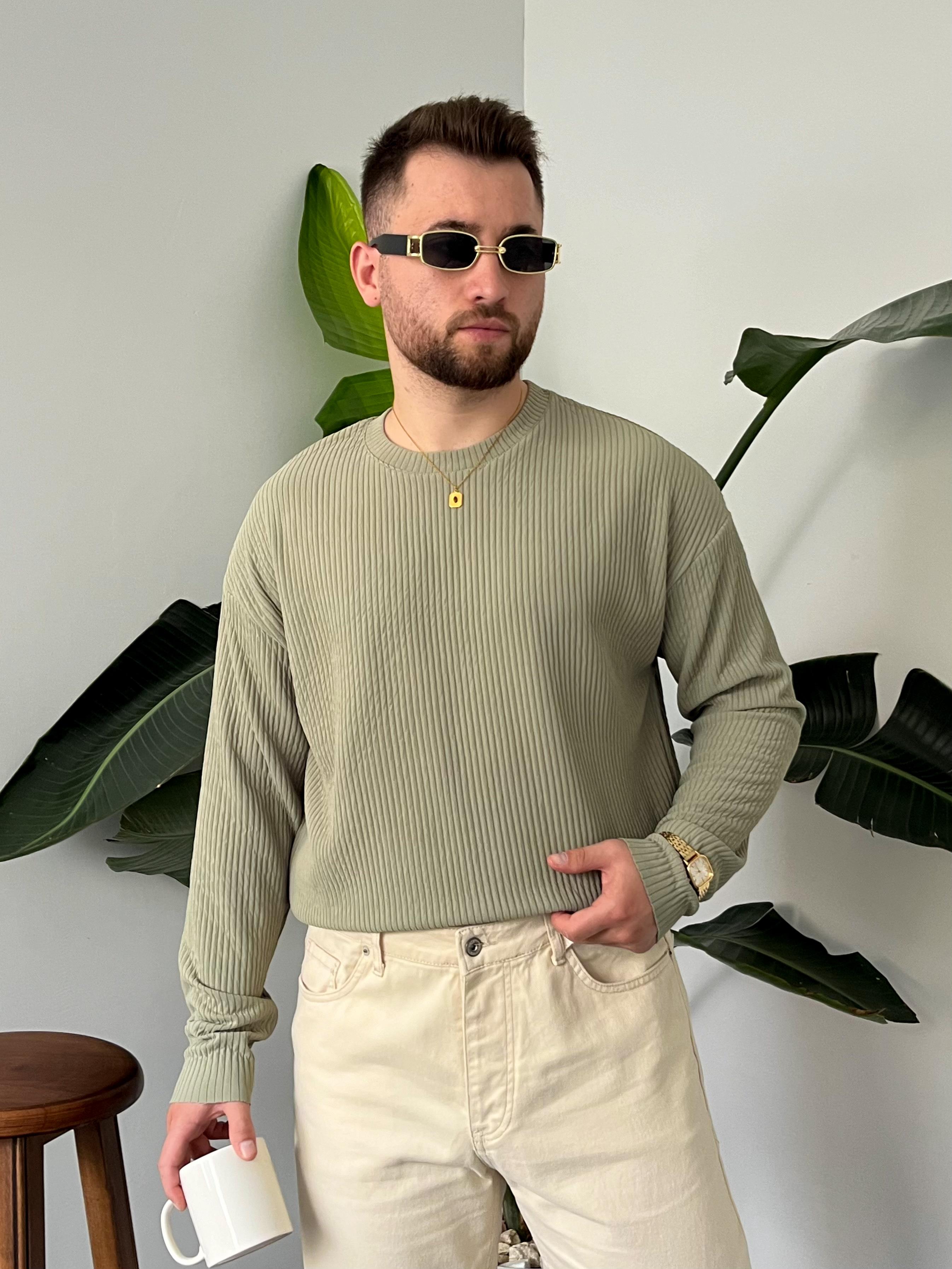 Yeşil Fitilli Bisiklet Yaka Triko Sweat