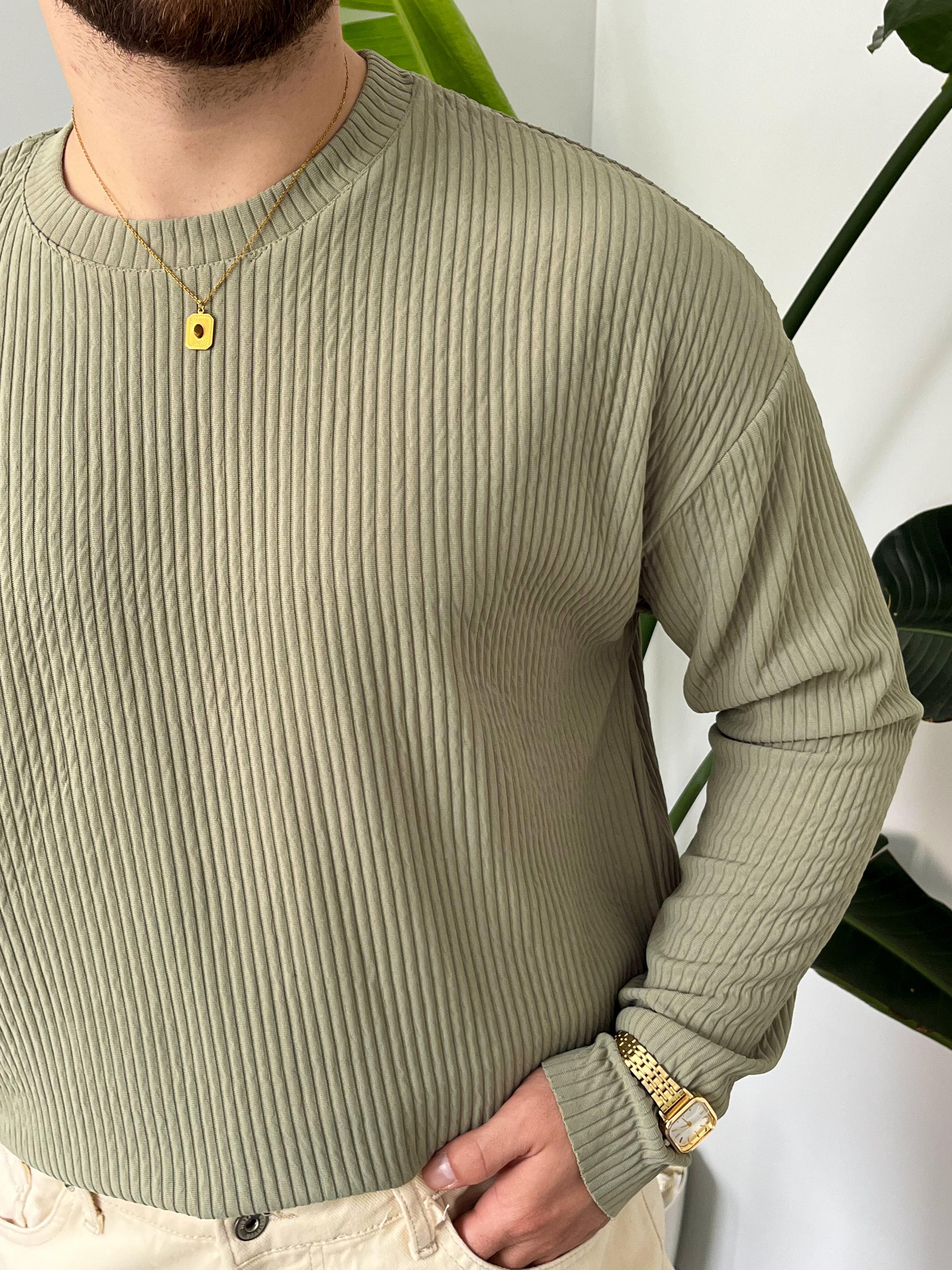 Yeşil Fitilli Bisiklet Yaka Triko Sweat