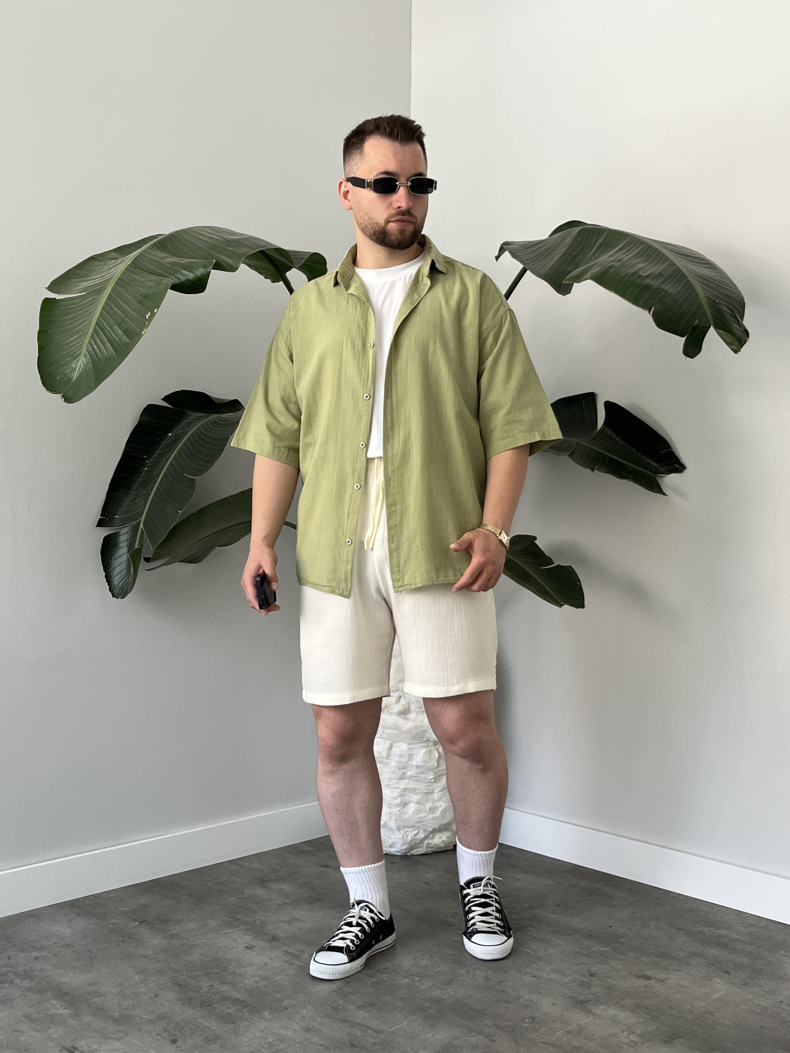Yeşil Fresh Keten Oversize Gömlek