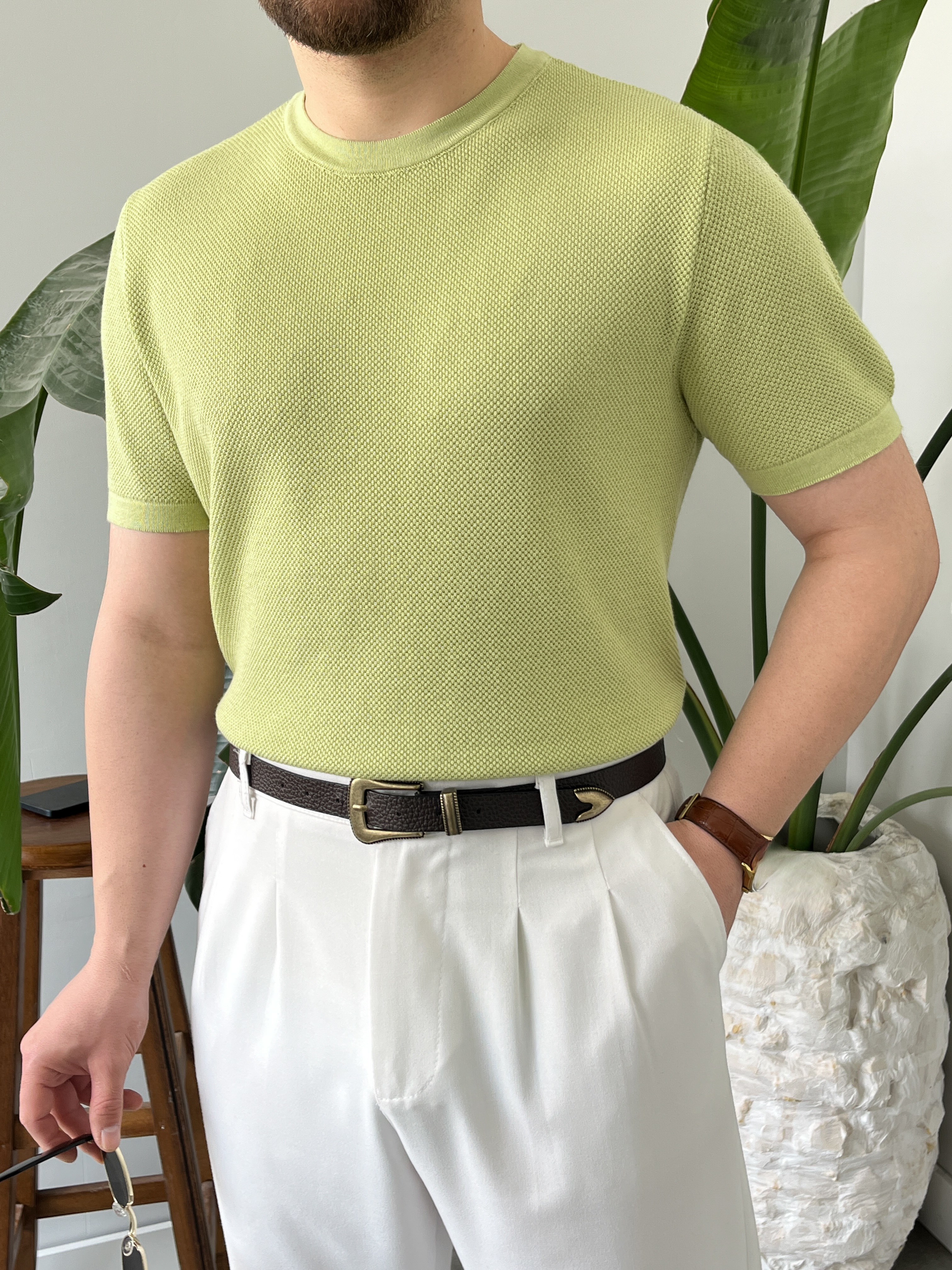 Yeşil Pirinç Örgü Triko T-shirt