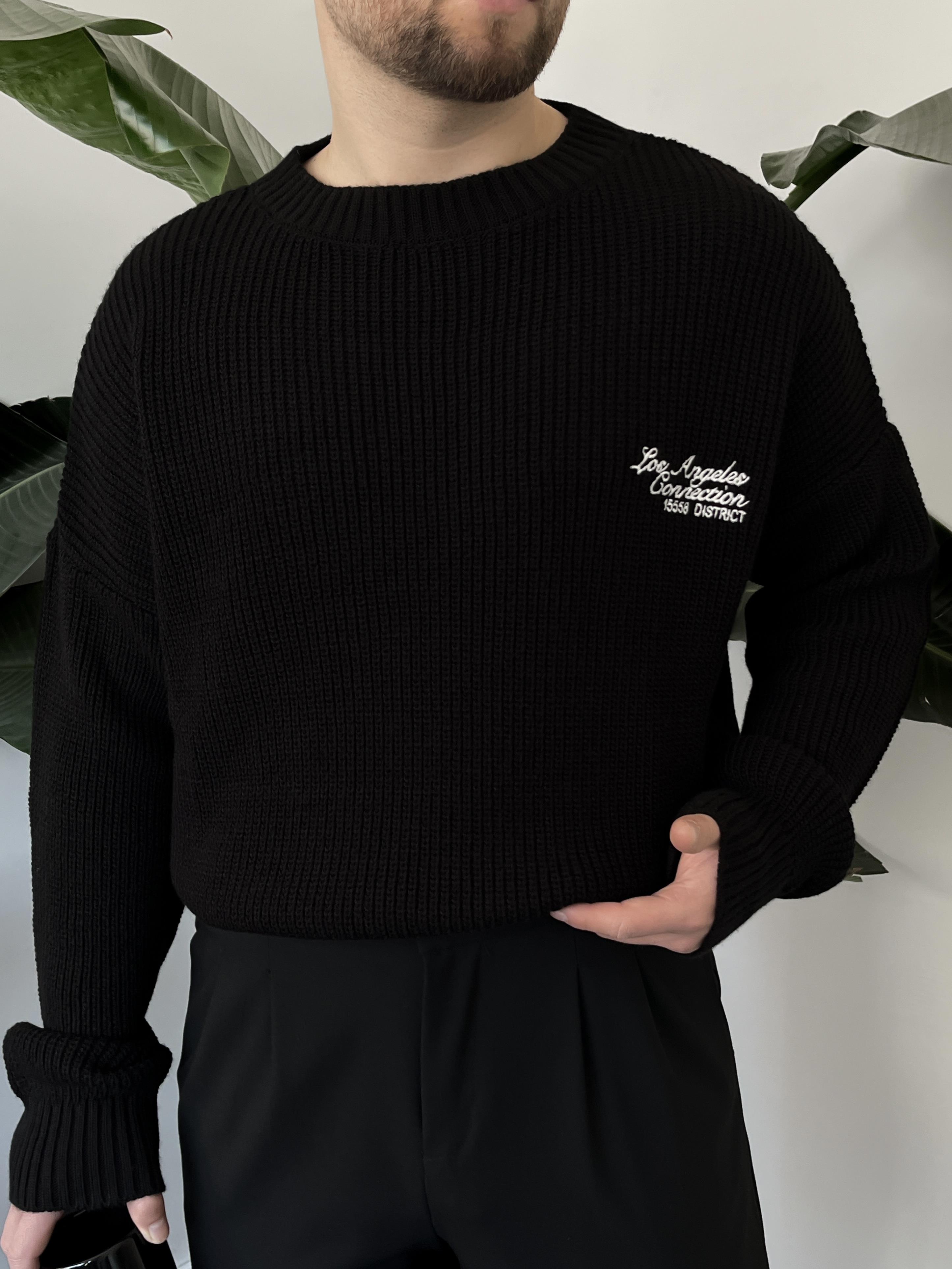 Zenith Siyah LA Nakışlı Oversize Örgü Kazak