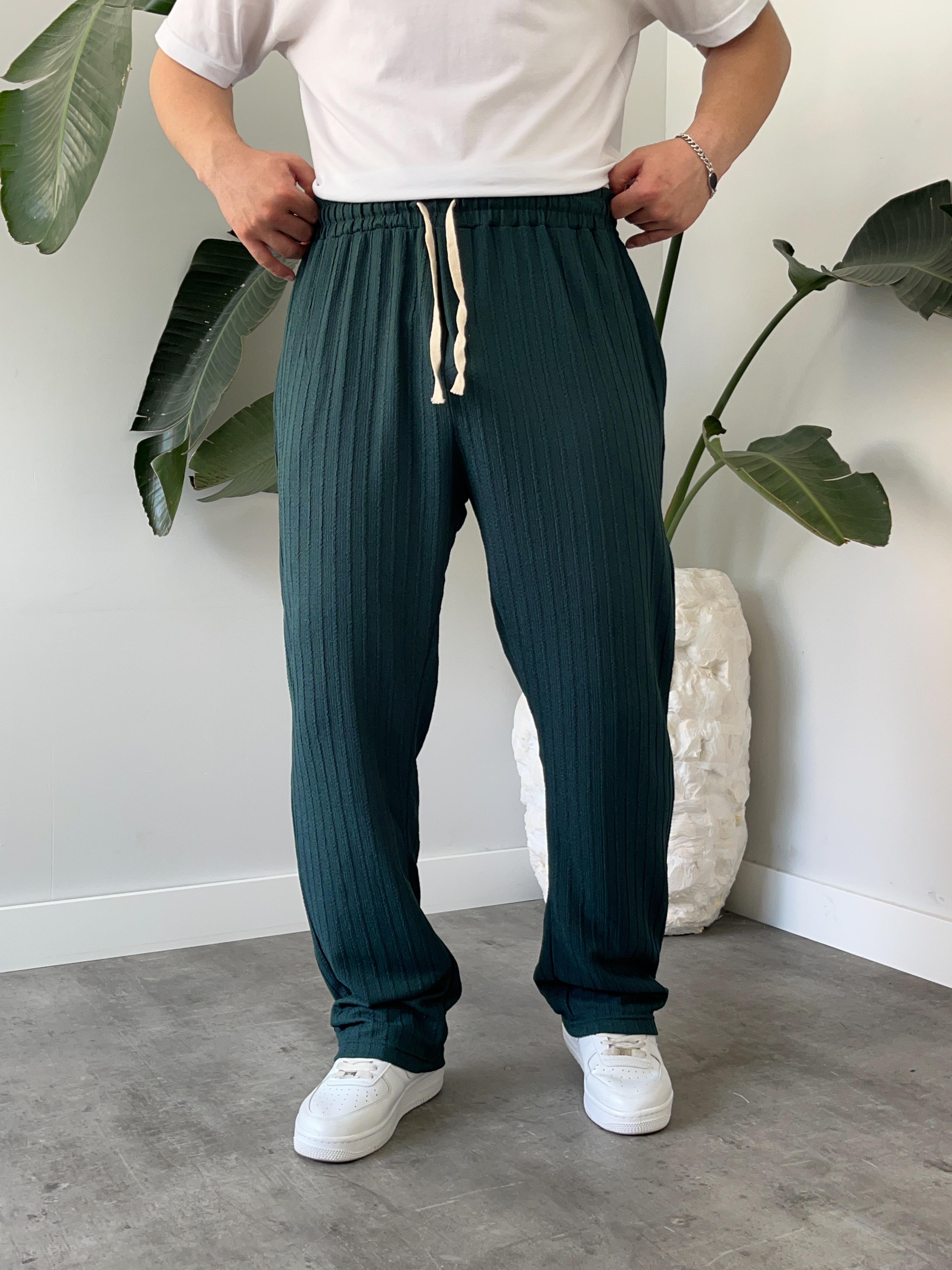 Zümrüt Çizgi Desenli Bağcık Detaylı Baggy Pantolon
