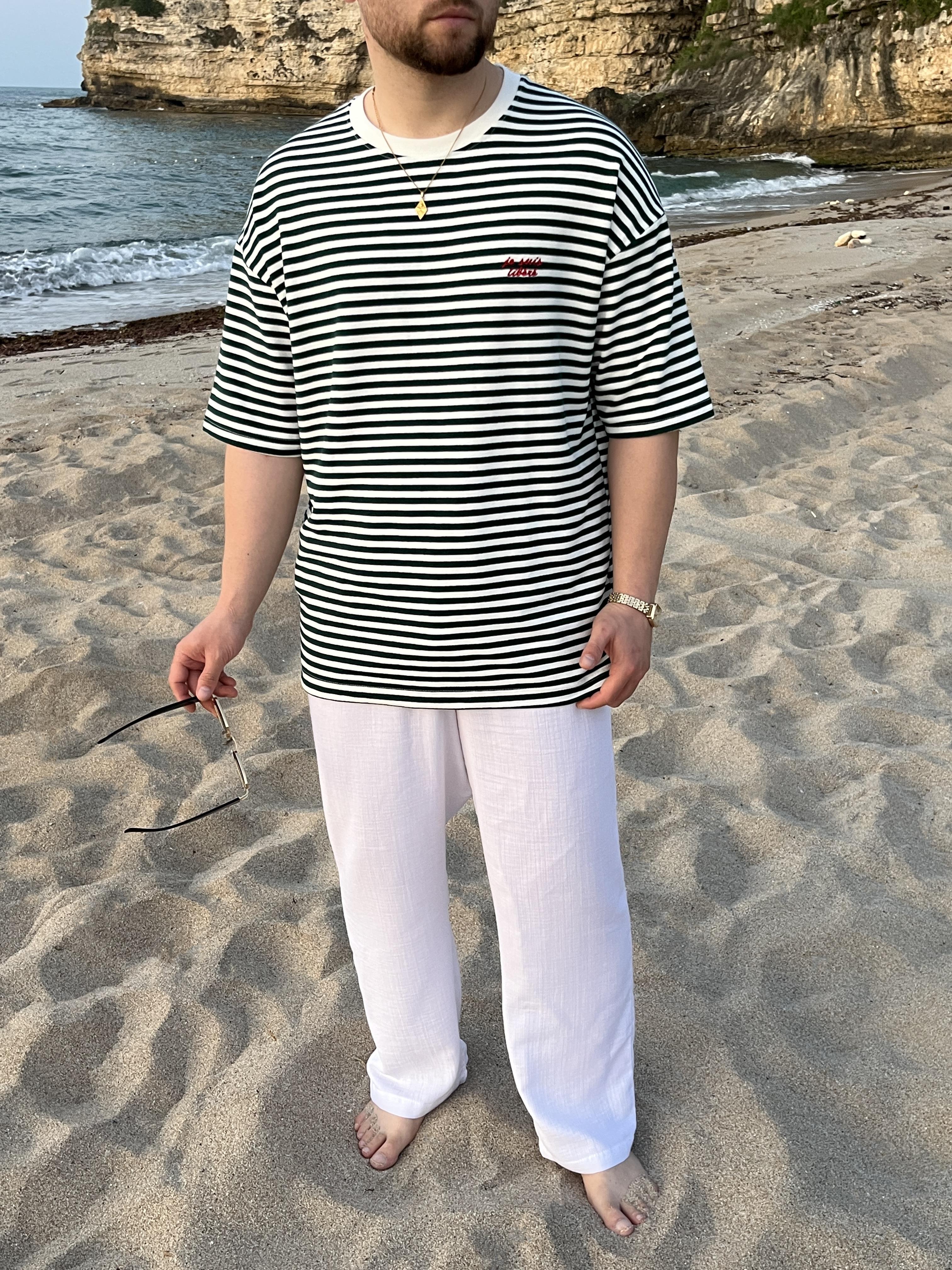 Zümrüt Çizgili Nakış Detaylı Oversize T-shirt